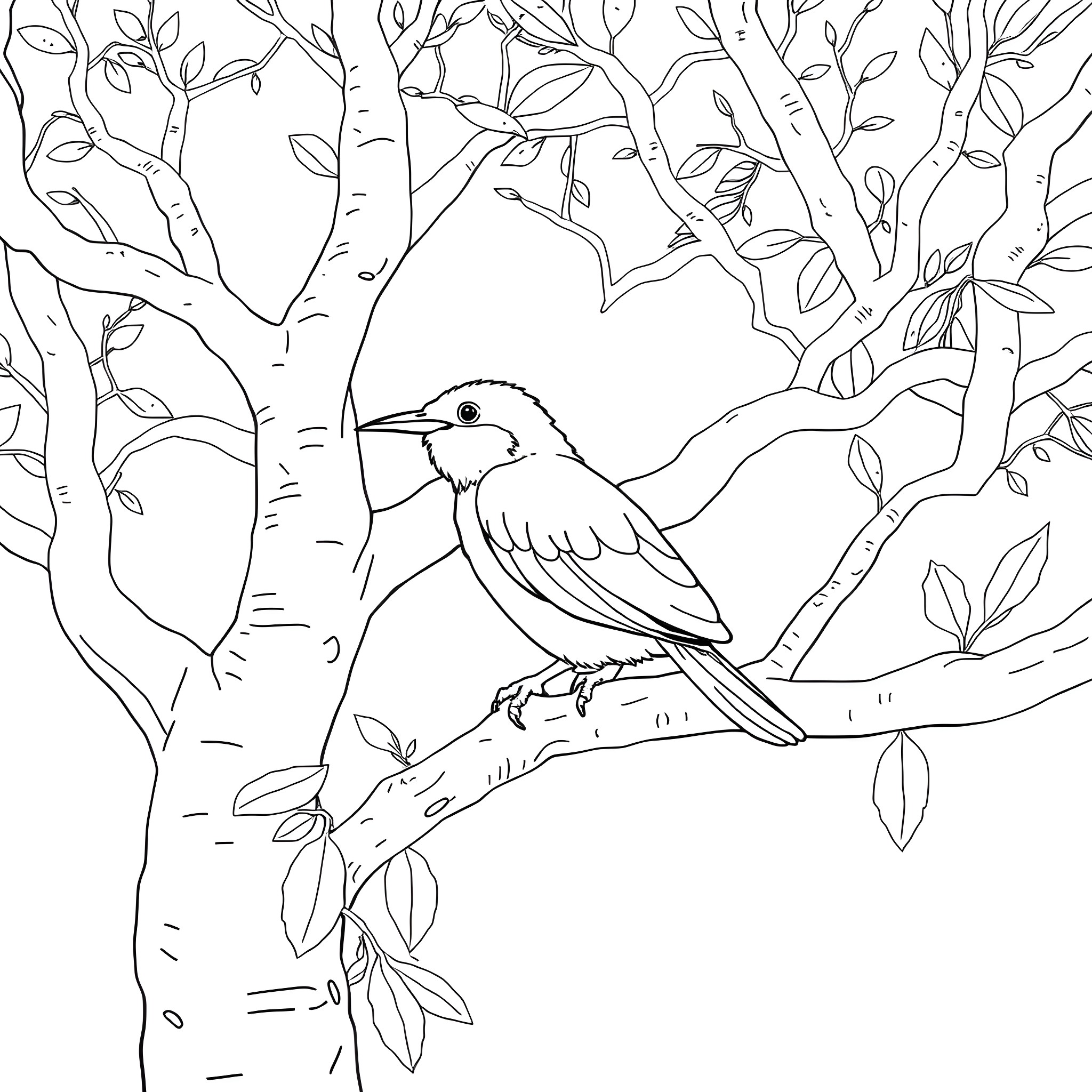Calyptomena avian resting amidst lush foliage Coloring Page (free black-and-white line drawing printable PDF for all, from beginners to advanced learners, including children, teens, adults, and seniors)