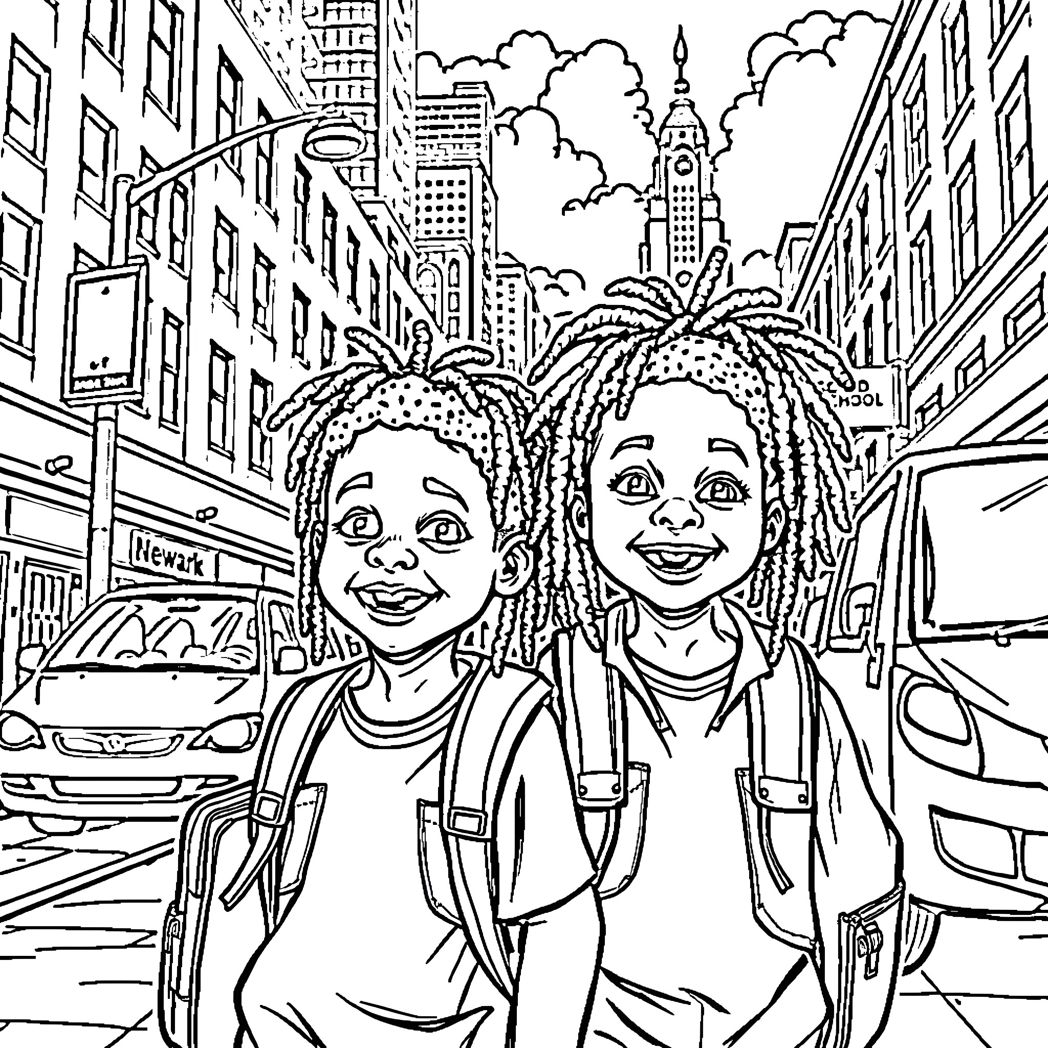 Boy and girl exploring the city streets Coloring Page (free black-and-white line drawing printable PDF for all, from beginners to advanced learners, including children, teens, adults, and seniors)