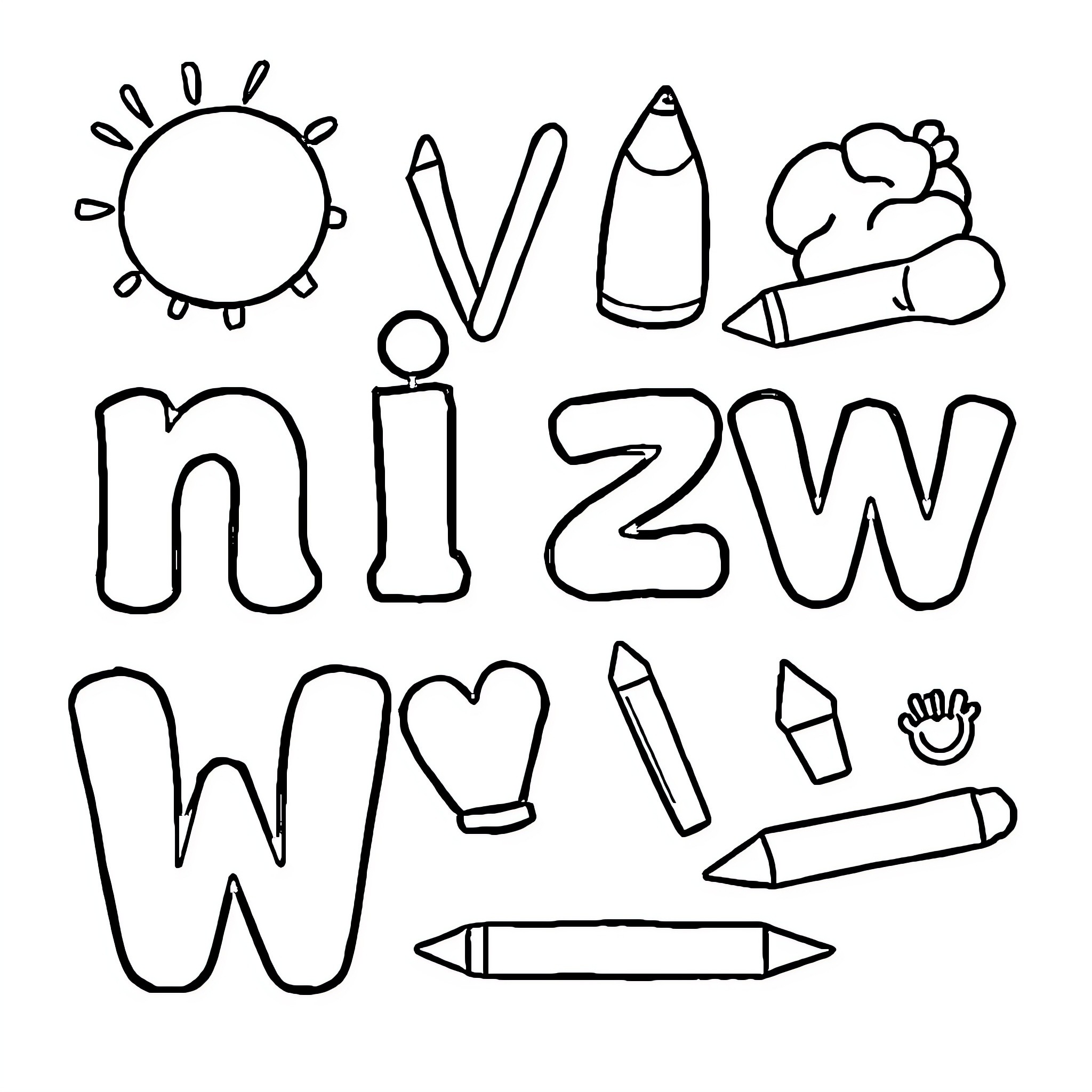 Vowels objects for educational learning Coloring Page (free black-and-white line drawing printable PDF for all, from beginners to advanced learners, including children, teens, adults, and seniors)