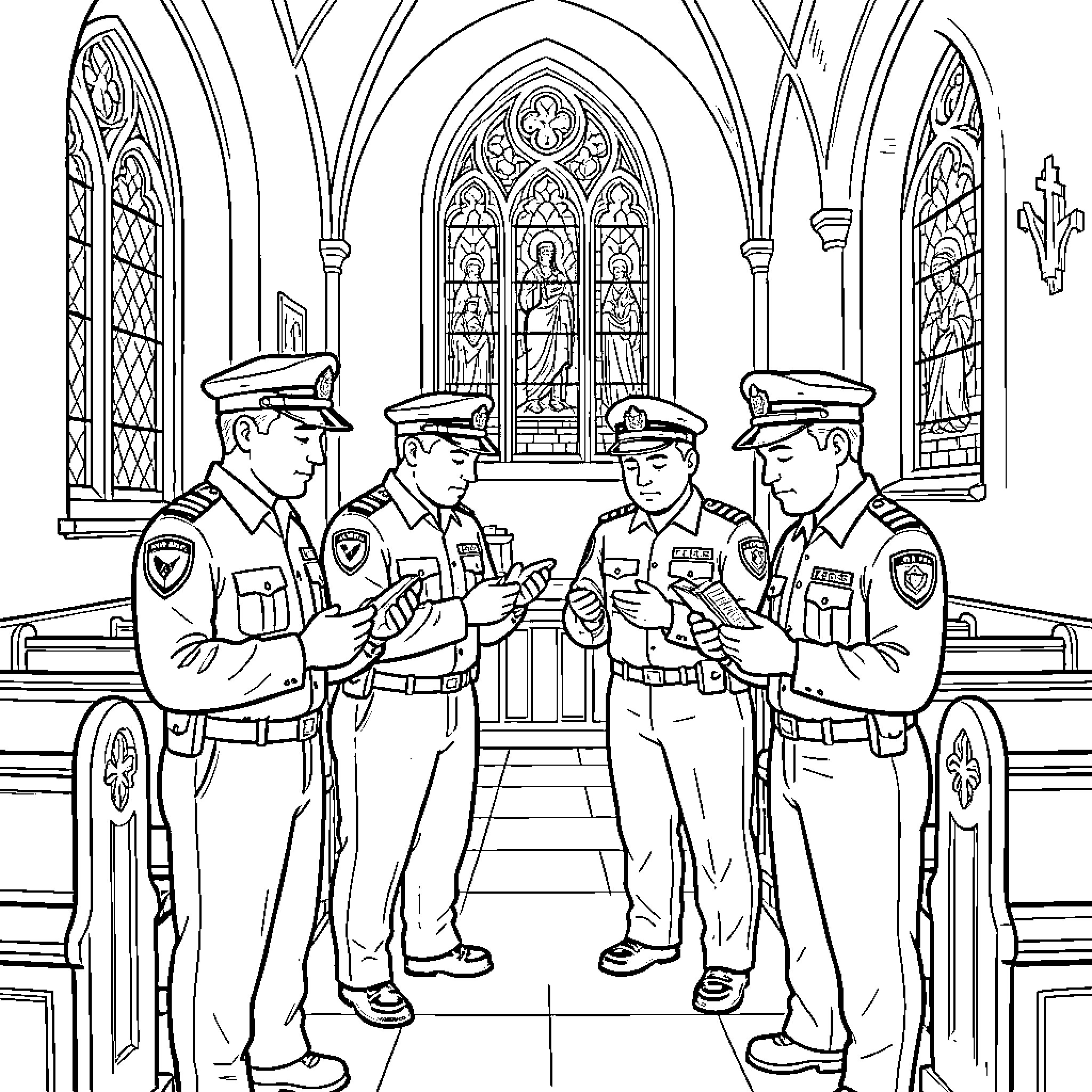 Ice Agent: Police Officers in Church Sanctuary Coloring Page (free black-and-white line drawing printable PDF for all, from beginners to advanced learners, including children, teens, adults, and seniors)