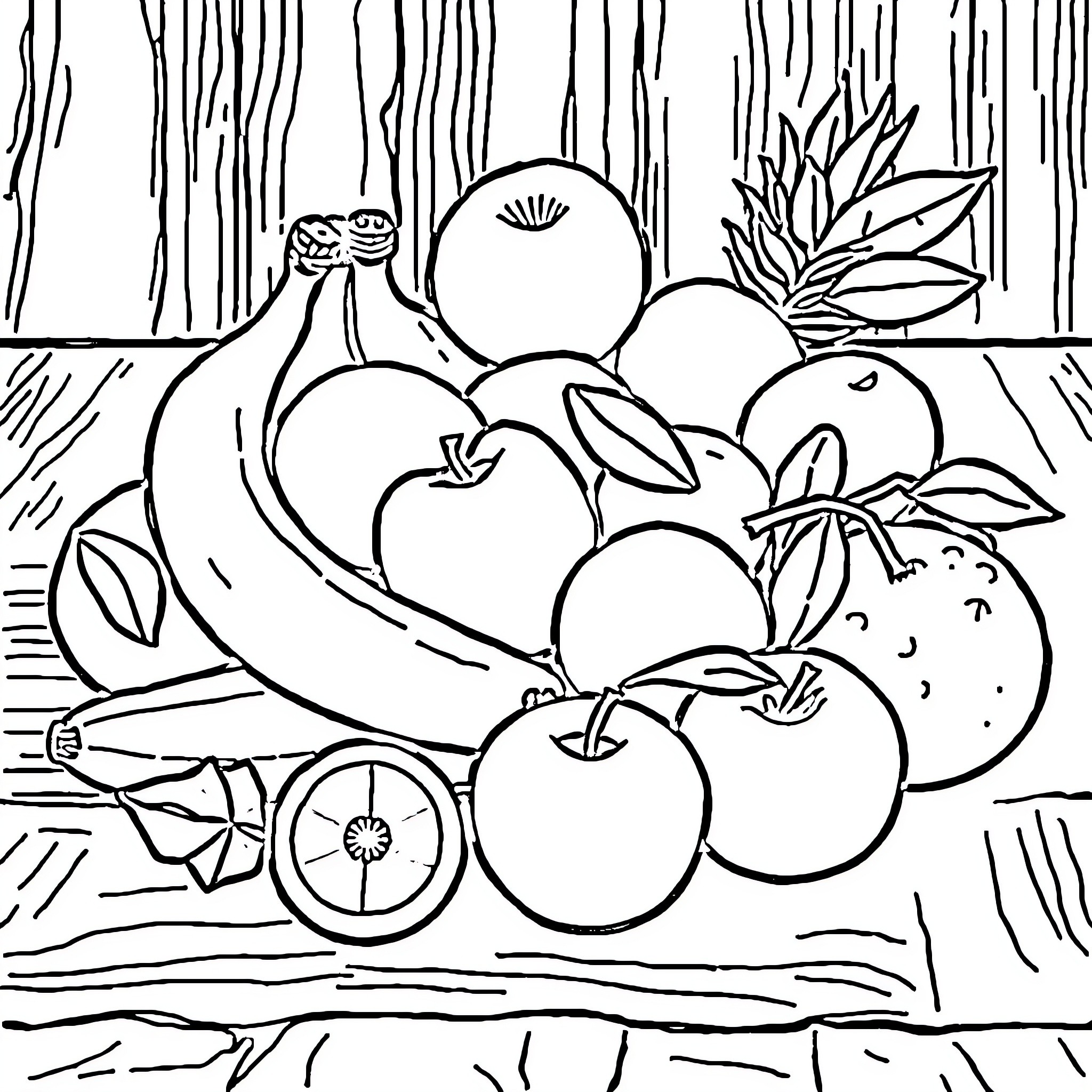 Fruit Arrangement on Wooden Table Coloring Page (free black-and-white line drawing printable PDF for all, from beginners to advanced learners, including children, teens, adults, and seniors)