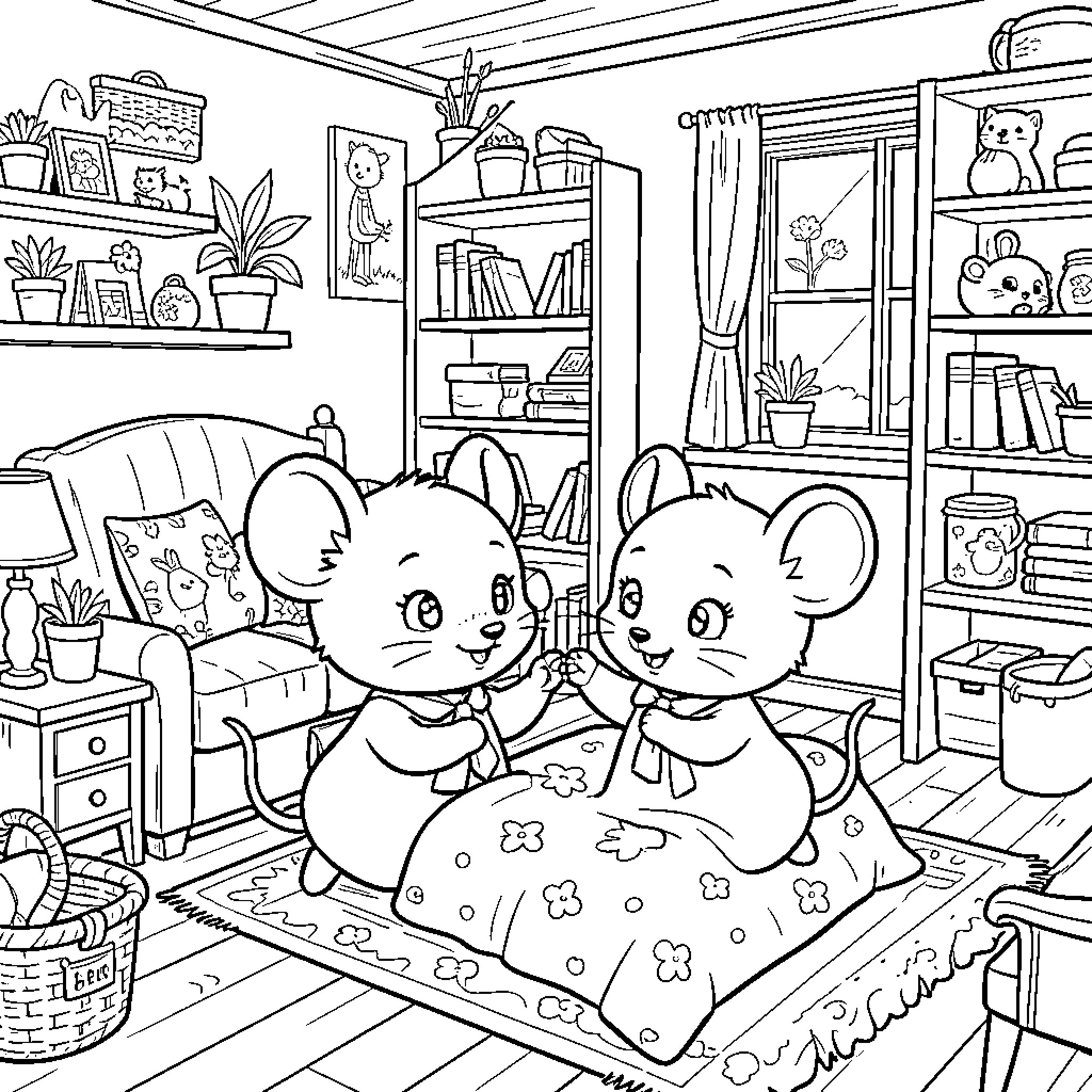 Nutmouse characters sitting together on a cozy rug Coloring Page (free black-and-white line drawing printable PDF for all, from beginners to advanced learners, including children, teens, adults, and seniors)