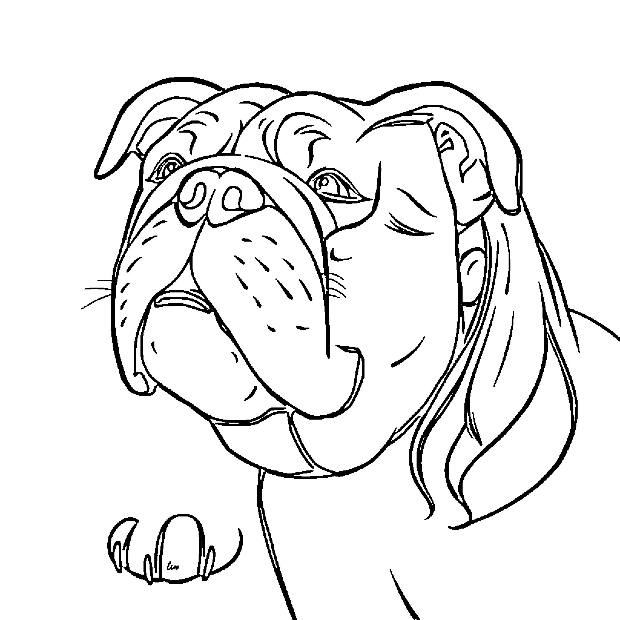 Bulldog with playful expression and relaxed stance Coloring Page (free black-and-white line drawing printable PDF for all, from beginners to advanced learners, including children, teens, adults, and seniors)