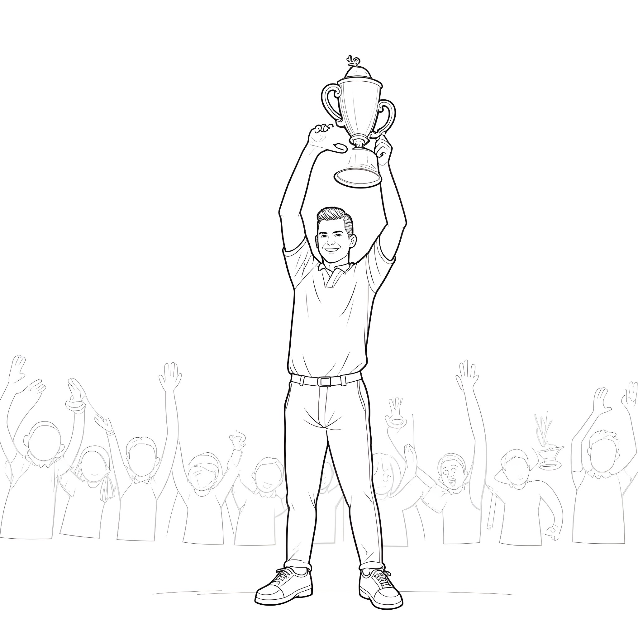 Ryan Day celebrating with trophy in front of cheering crowd Coloring Page (free black-and-white line drawing printable PDF for all, from beginners to advanced learners, including children, teens, adults, and seniors)