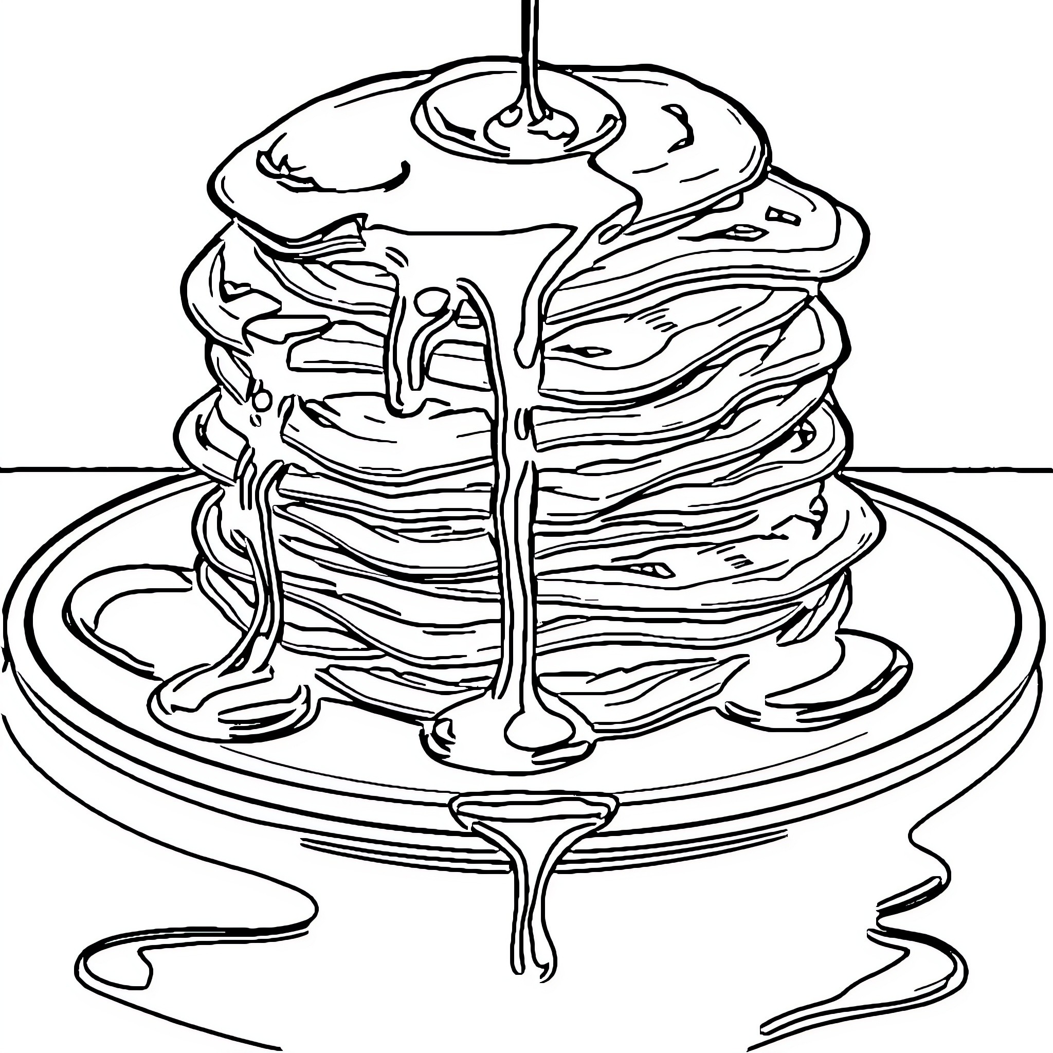 Pancake stack with syrup drizzle Coloring Page (free black-and-white line drawing printable PDF for all, from beginners to advanced learners, including children, teens, adults, and seniors)