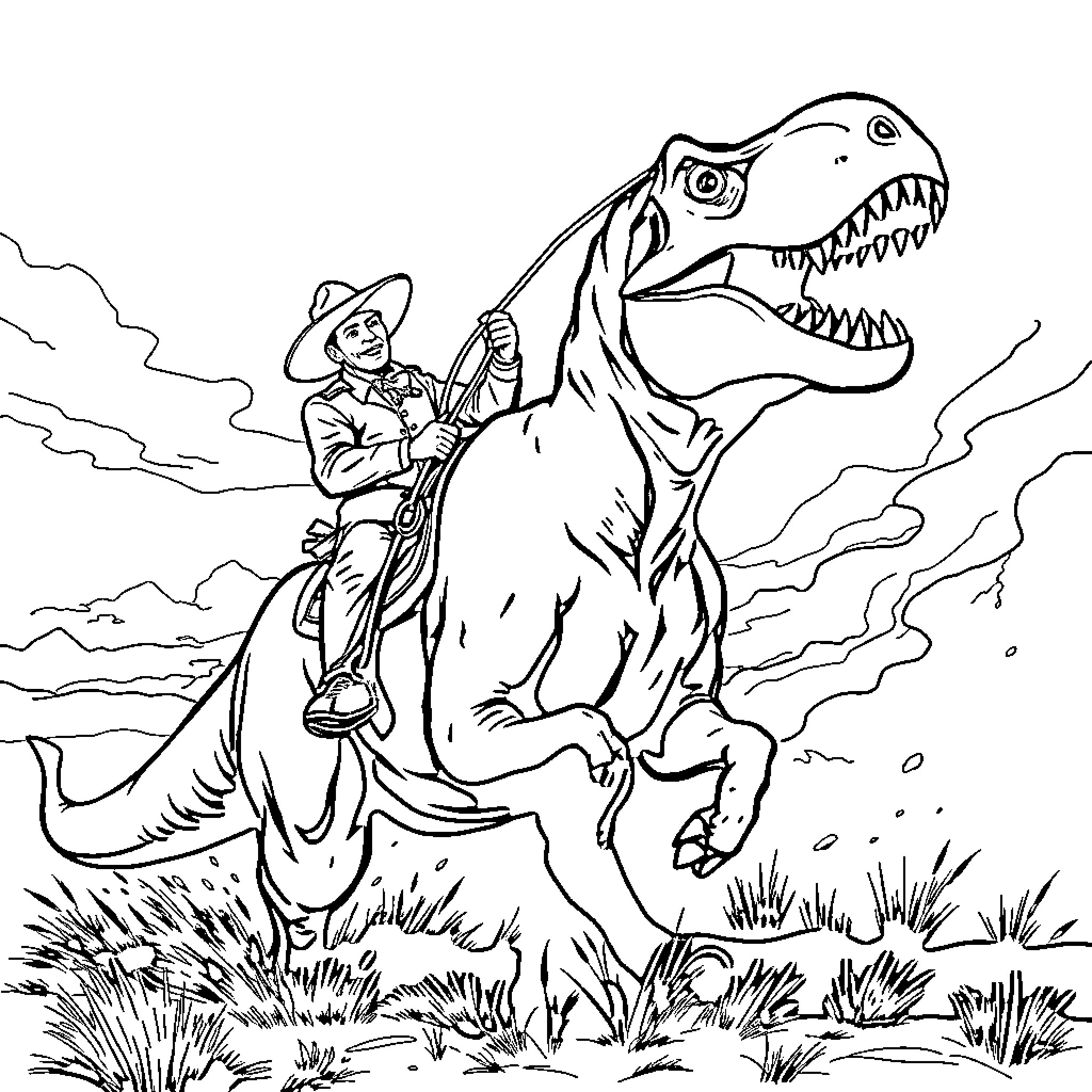 Cowboy riding a ferocious dinosaur in the wild Coloring Page (free black-and-white line drawing printable PDF for all, from beginners to advanced learners, including children, teens, adults, and seniors)
