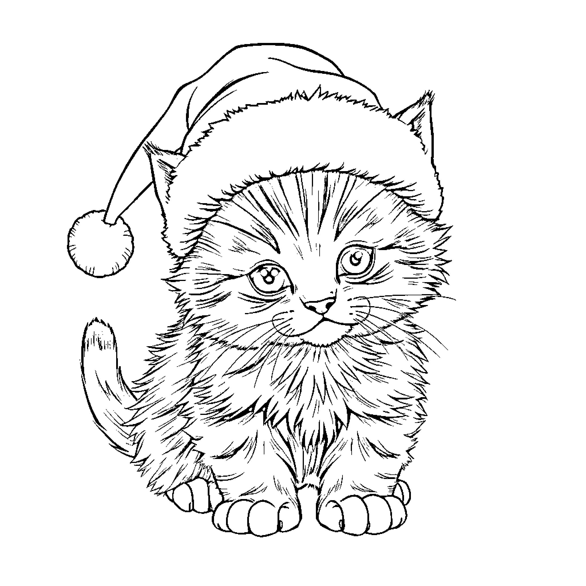 Kitten wearing a Santa hat Coloring Page (free black-and-white line drawing printable PDF for all, from beginners to advanced learners, including children, teens, adults, and seniors)