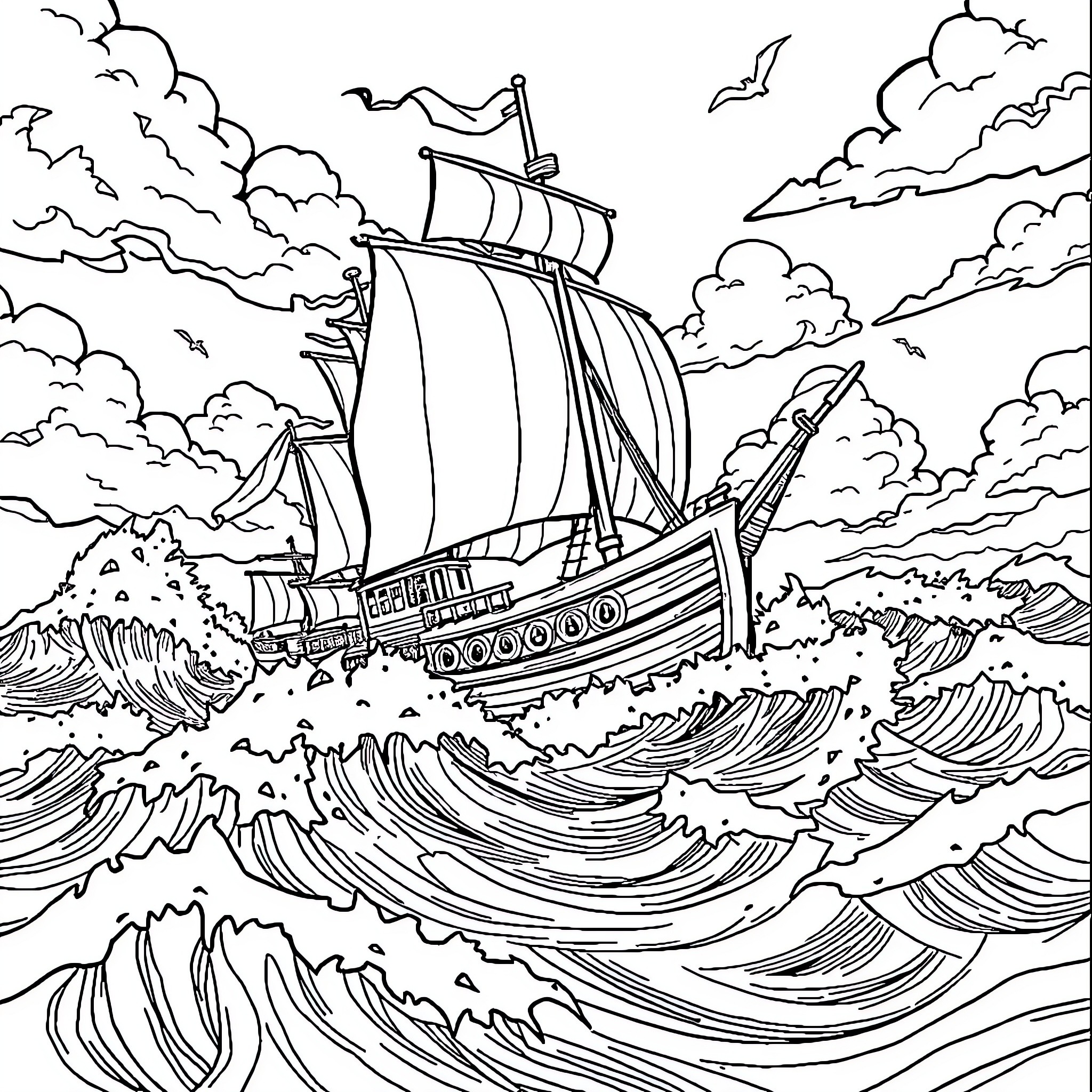 Pirate Ship Sailing Through Rough Seas and Stormy Skies Coloring Page (free black-and-white line drawing printable PDF for all, from beginners to advanced learners, including children, teens, adults, and seniors)