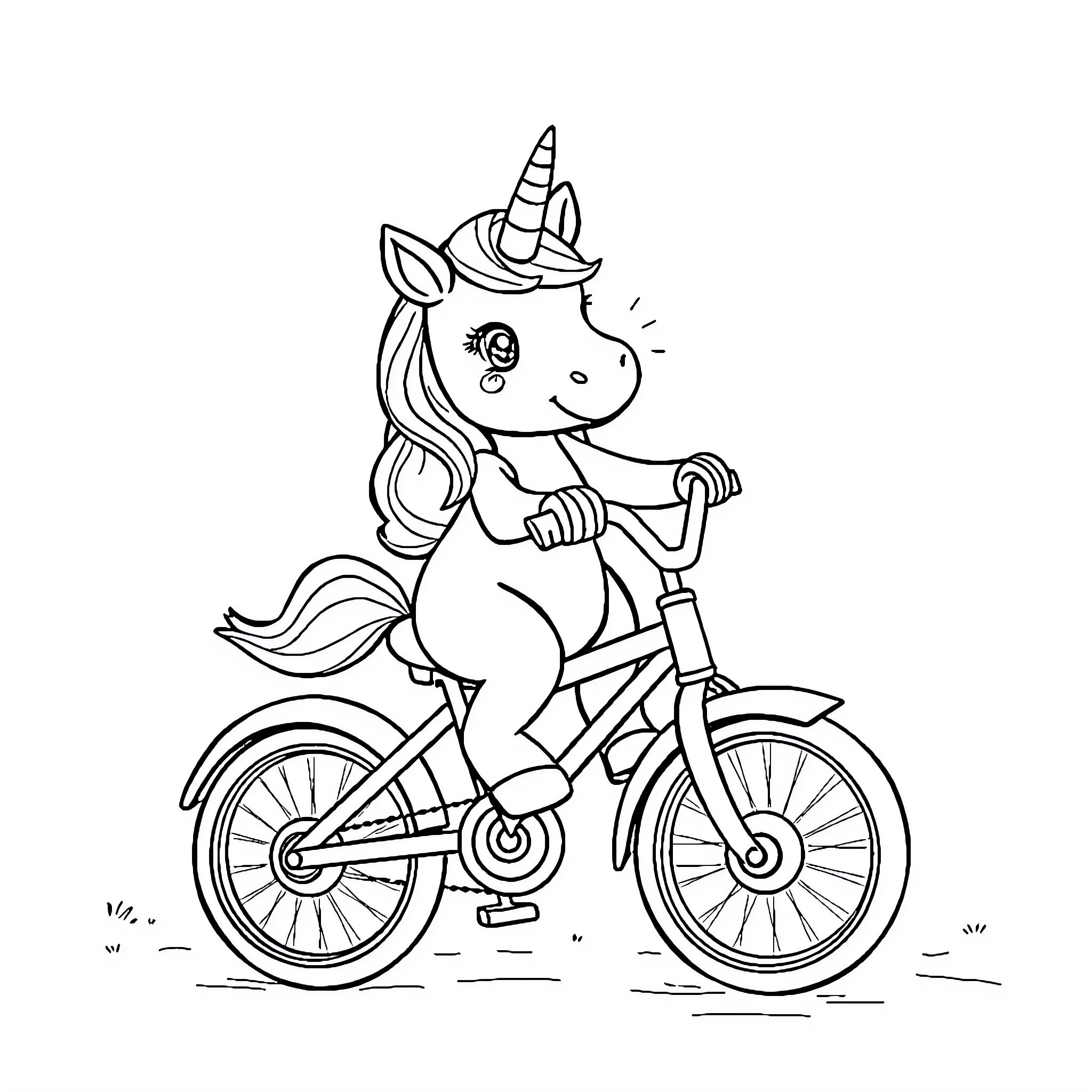 Unicorn riding a bicycle with joy Coloring Page (free black-and-white line drawing printable PDF for all, from beginners to advanced learners, including children, teens, adults, and seniors)