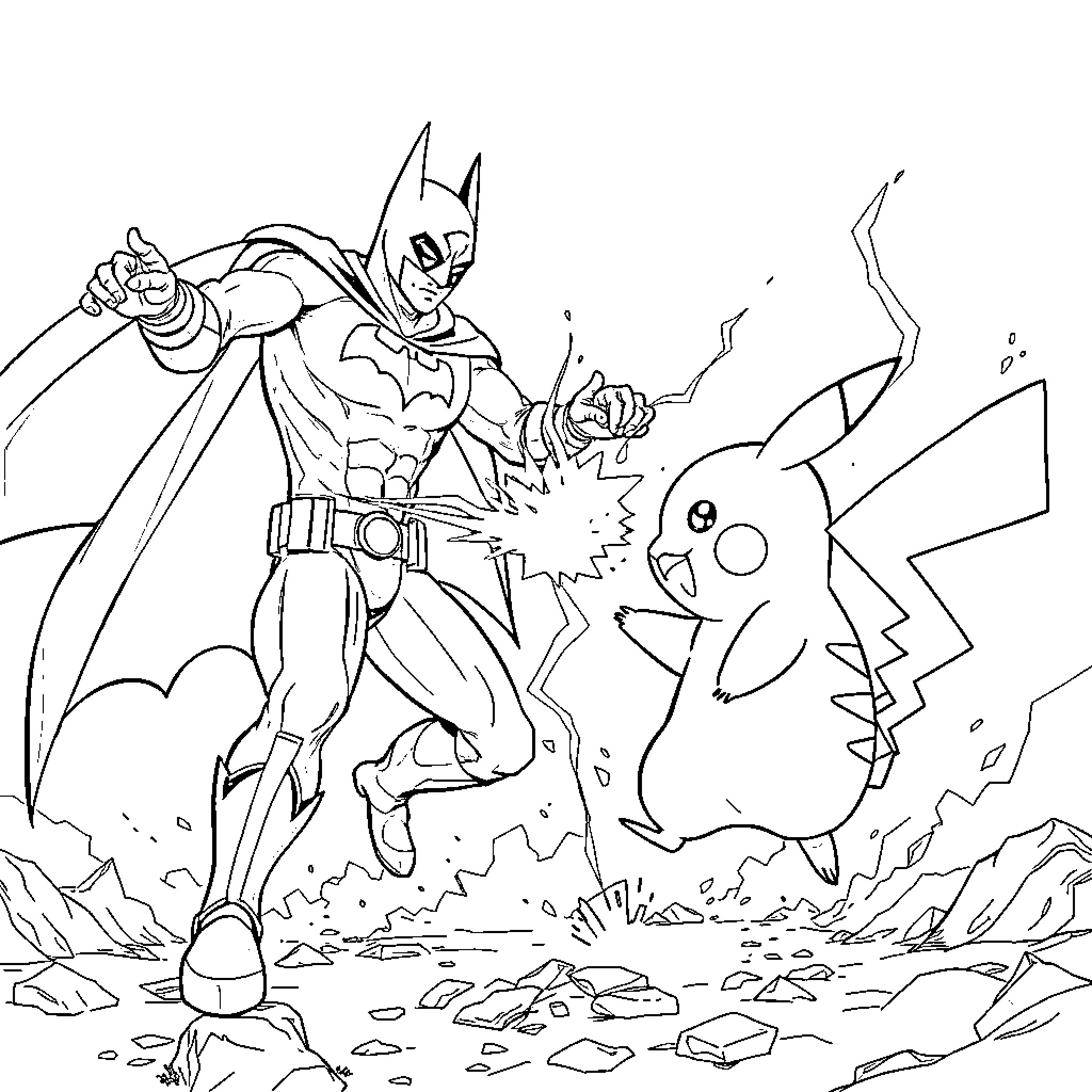 Batman battles Pikachu in a fantastical scene Coloring Page (free black-and-white line drawing printable PDF for all, from beginners to advanced learners, including children, teens, adults, and seniors)