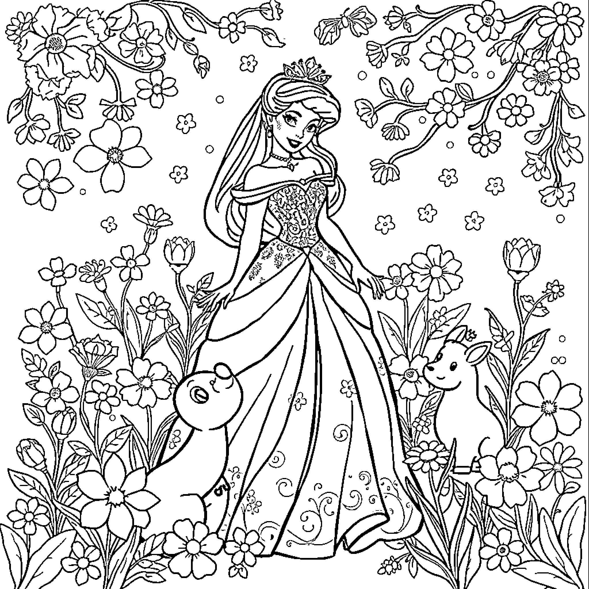 Princess in Flowery Garden Coloring Page (free black-and-white line drawing printable PDF for all, from beginners to advanced learners, including children, teens, adults, and seniors)