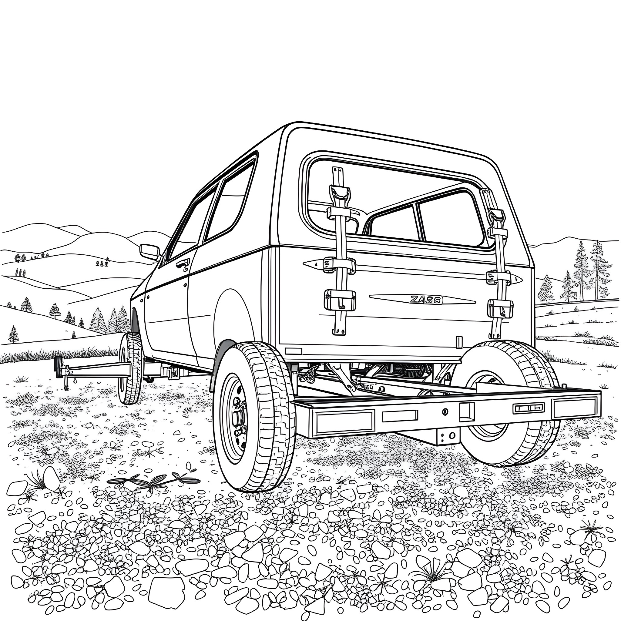 Car Trailer Hauling Rugged Utility Vehicle in the Countryside Coloring Page (free black-and-white line drawing printable PDF for all, from beginners to advanced learners, including children, teens, adults, and seniors)