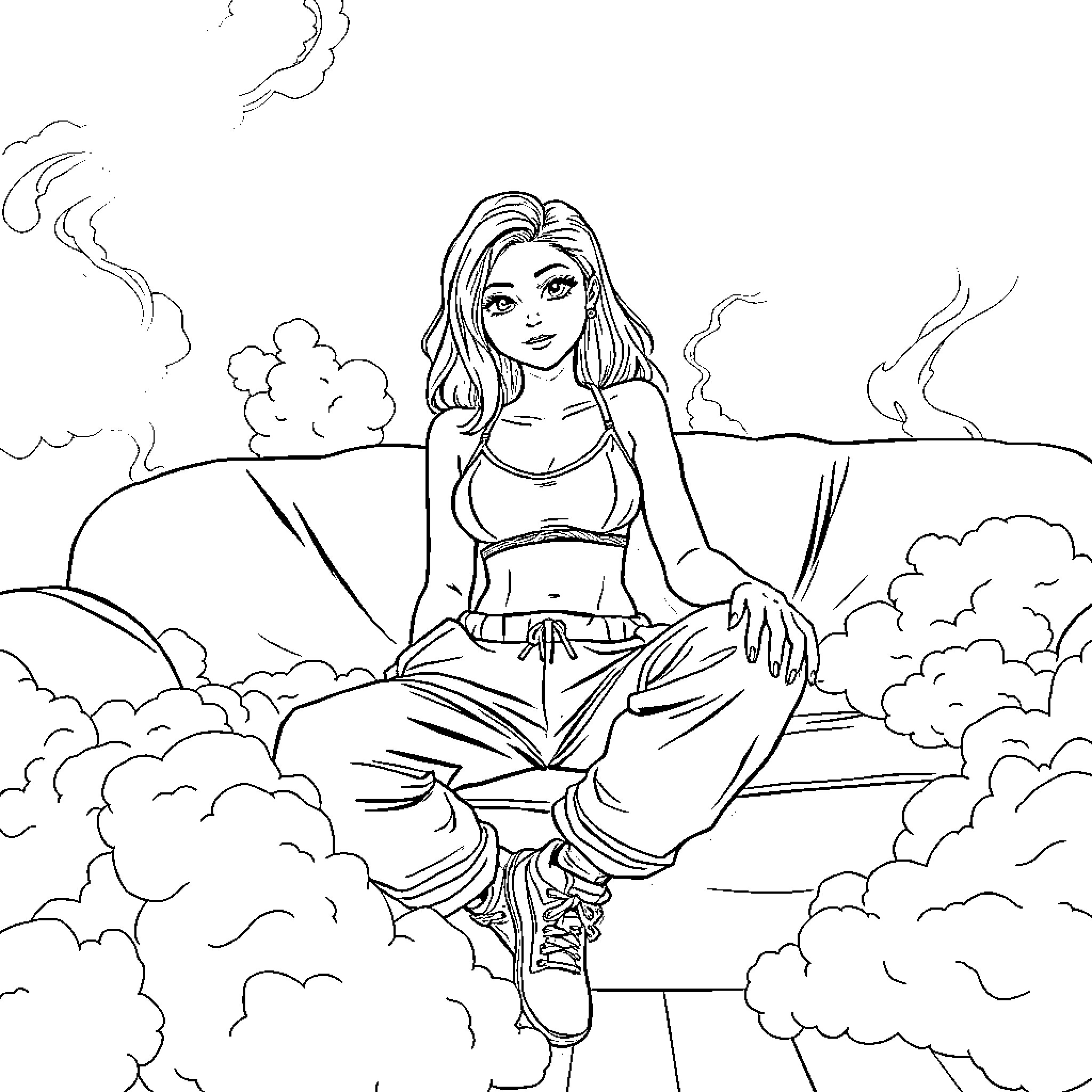 Girl in casual outfit sitting amidst clouds Coloring Page (free black-and-white line drawing printable PDF for all, from beginners to advanced learners, including children, teens, adults, and seniors)