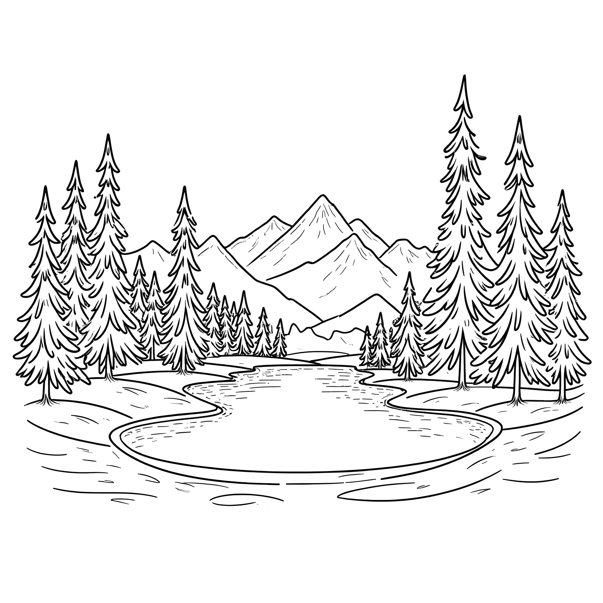 Forest scene with mountains and pine trees Coloring Page (free black-and-white line drawing printable PDF for all, from beginners to advanced learners, including children, teens, adults, and seniors)