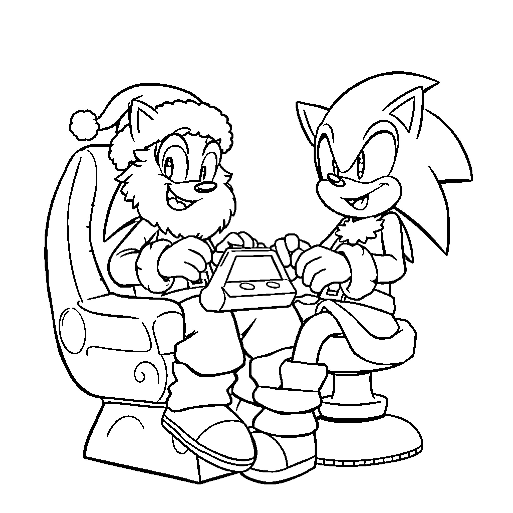 Sonic and Hedgehog Friends Playing Video Games Coloring Page (free black-and-white line drawing printable PDF for all, from beginners to advanced learners, including children, teens, adults, and seniors)