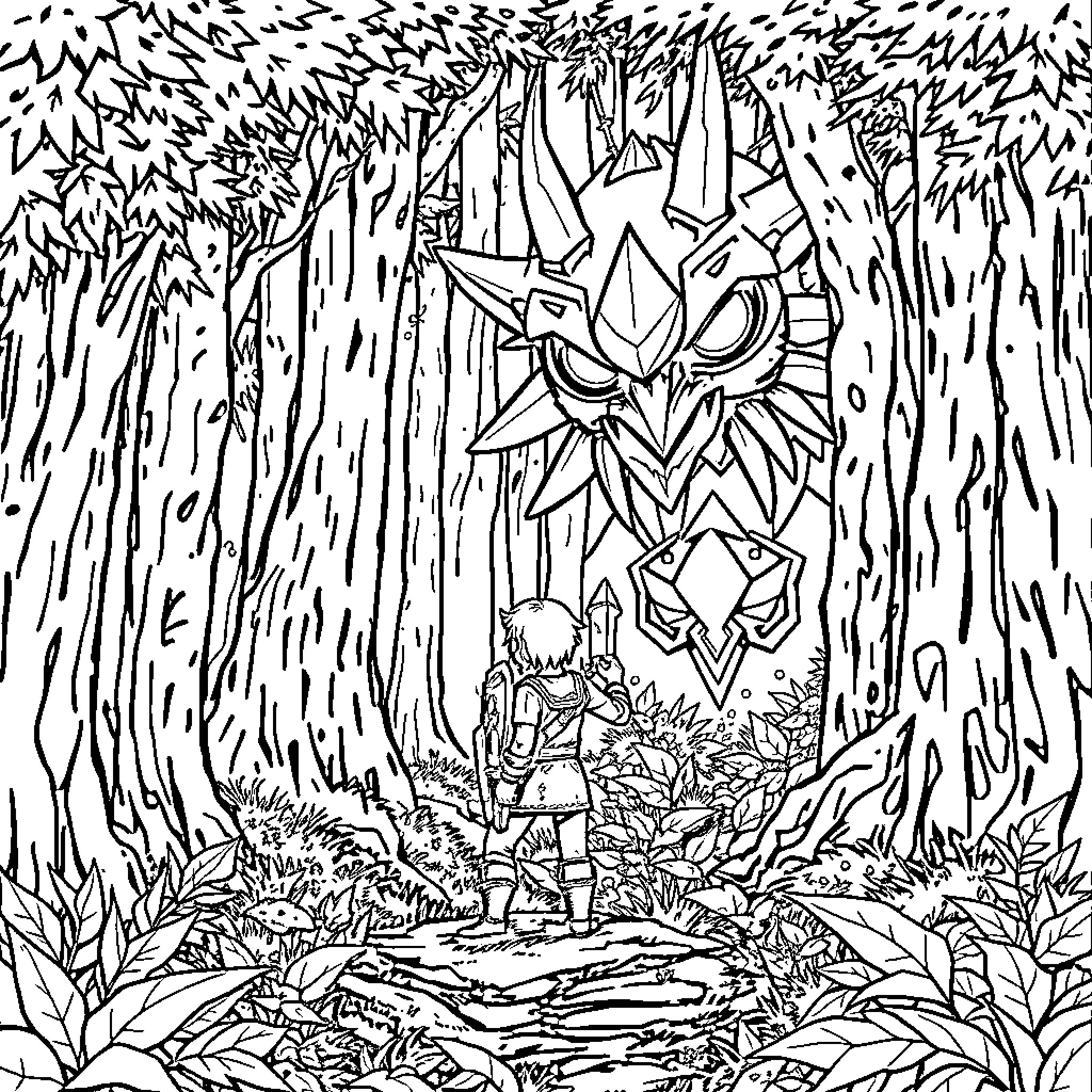 Link standing before a giant mask in the forest Coloring Page (free black-and-white line drawing printable PDF for all, from beginners to advanced learners, including children, teens, adults, and seniors)
