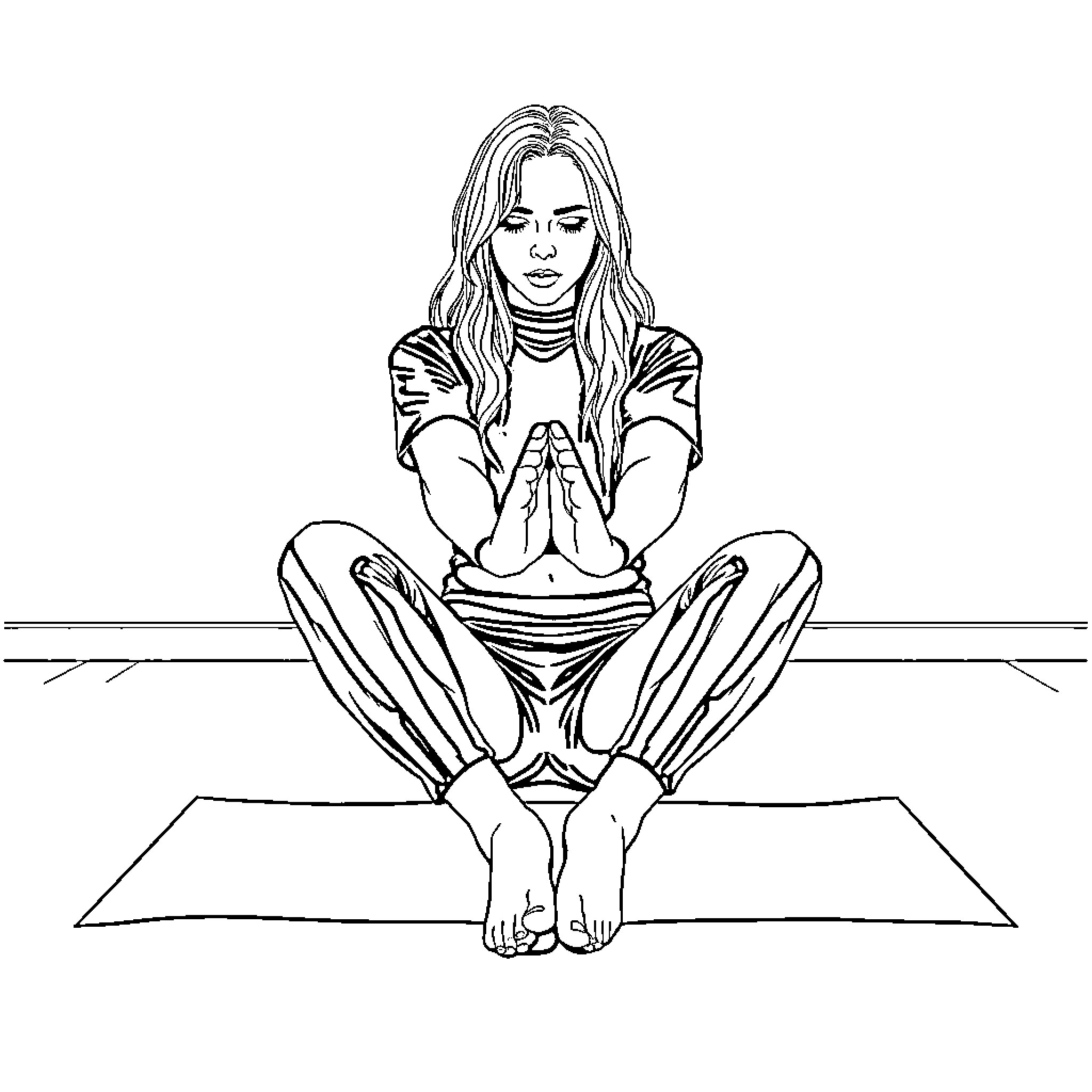 Billie Eilish in a thoughtful meditation pose Coloring Page (free black-and-white line drawing printable PDF for all, from beginners to advanced learners, including children, teens, adults, and seniors)