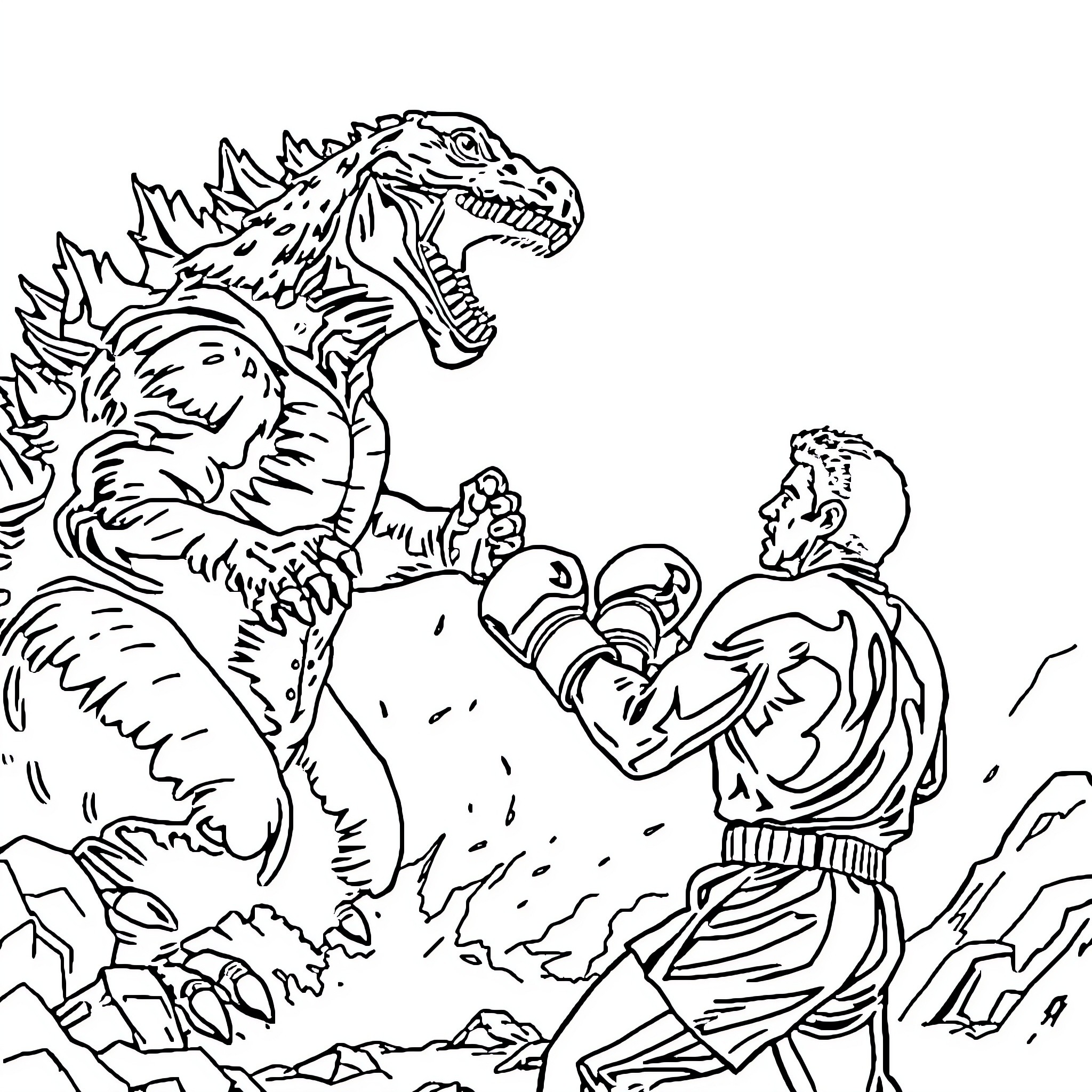 Godzilla battling a heroic figure in dramatic scene Coloring Page (free black-and-white line drawing printable PDF for all, from beginners to advanced learners, including children, teens, adults, and seniors)