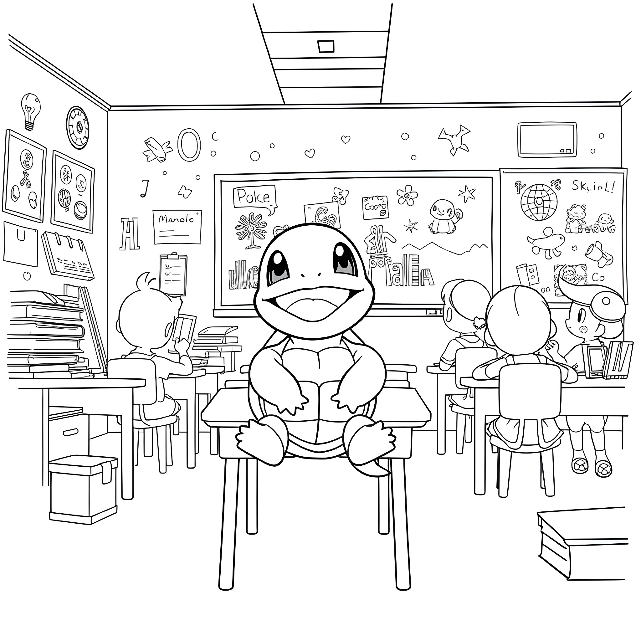 Squirtle relaxing in the classroom Coloring Page (free black-and-white line drawing printable PDF for all, from beginners to advanced learners, including children, teens, adults, and seniors)