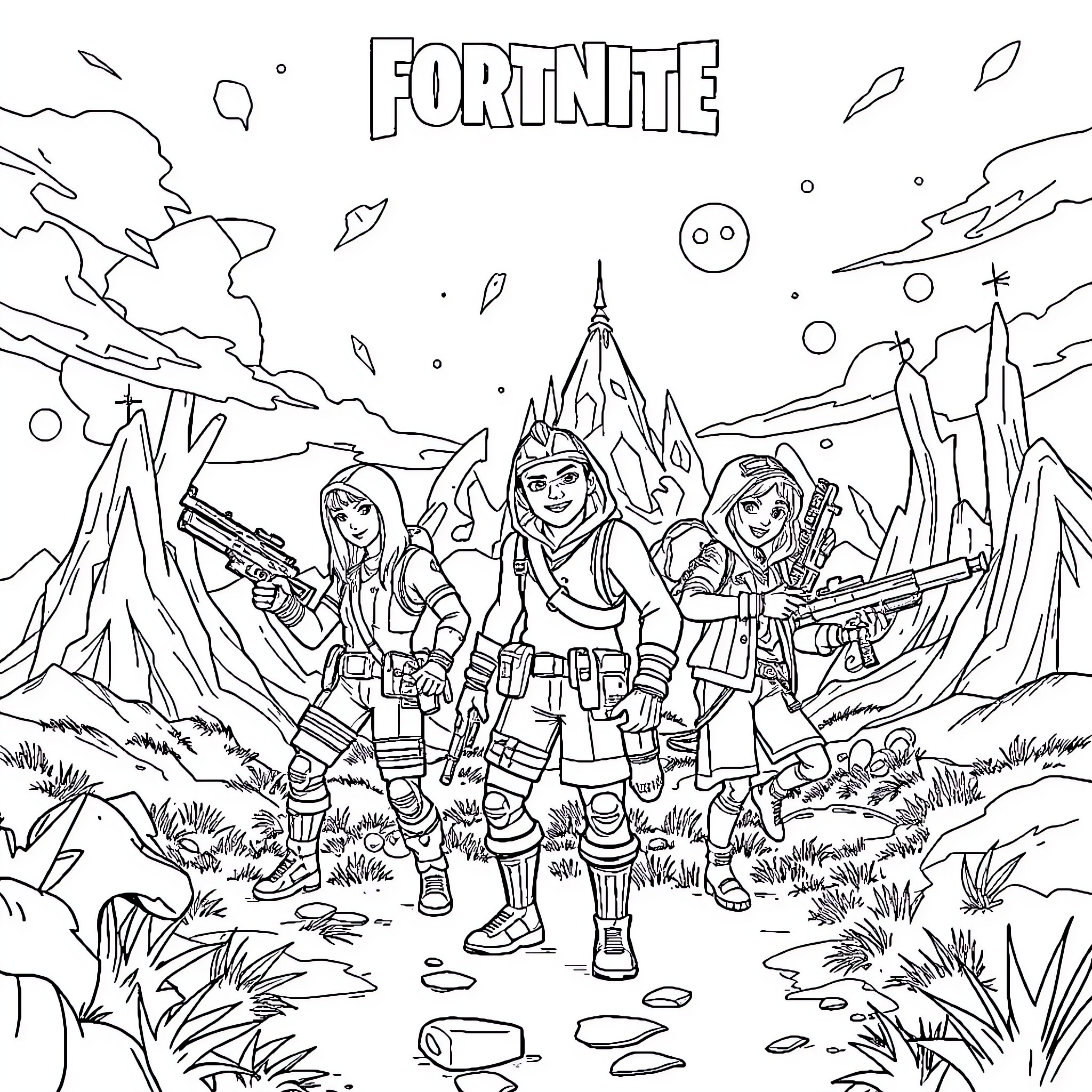 Fortnite characters on a fantastical adventure Coloring Page (free black-and-white line drawing printable PDF for all, from beginners to advanced learners, including children, teens, adults, and seniors)