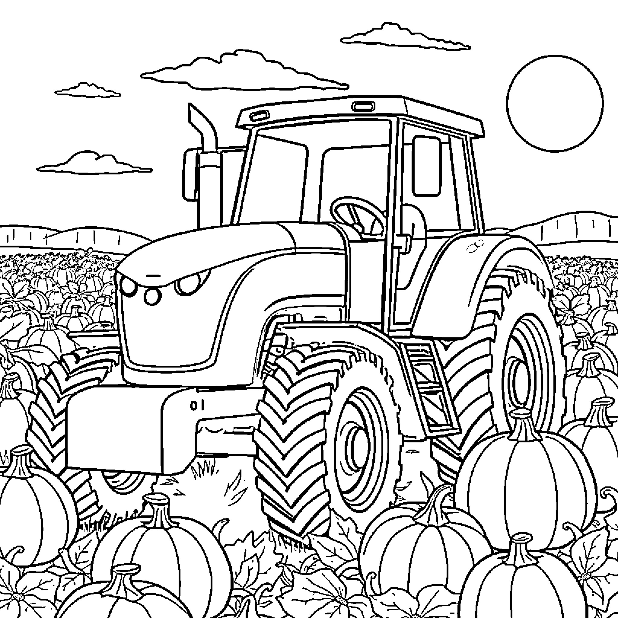 Tractor plowing through a pumpkin patch Coloring Page (free black-and-white line drawing printable PDF for all, from beginners to advanced learners, including children, teens, adults, and seniors)