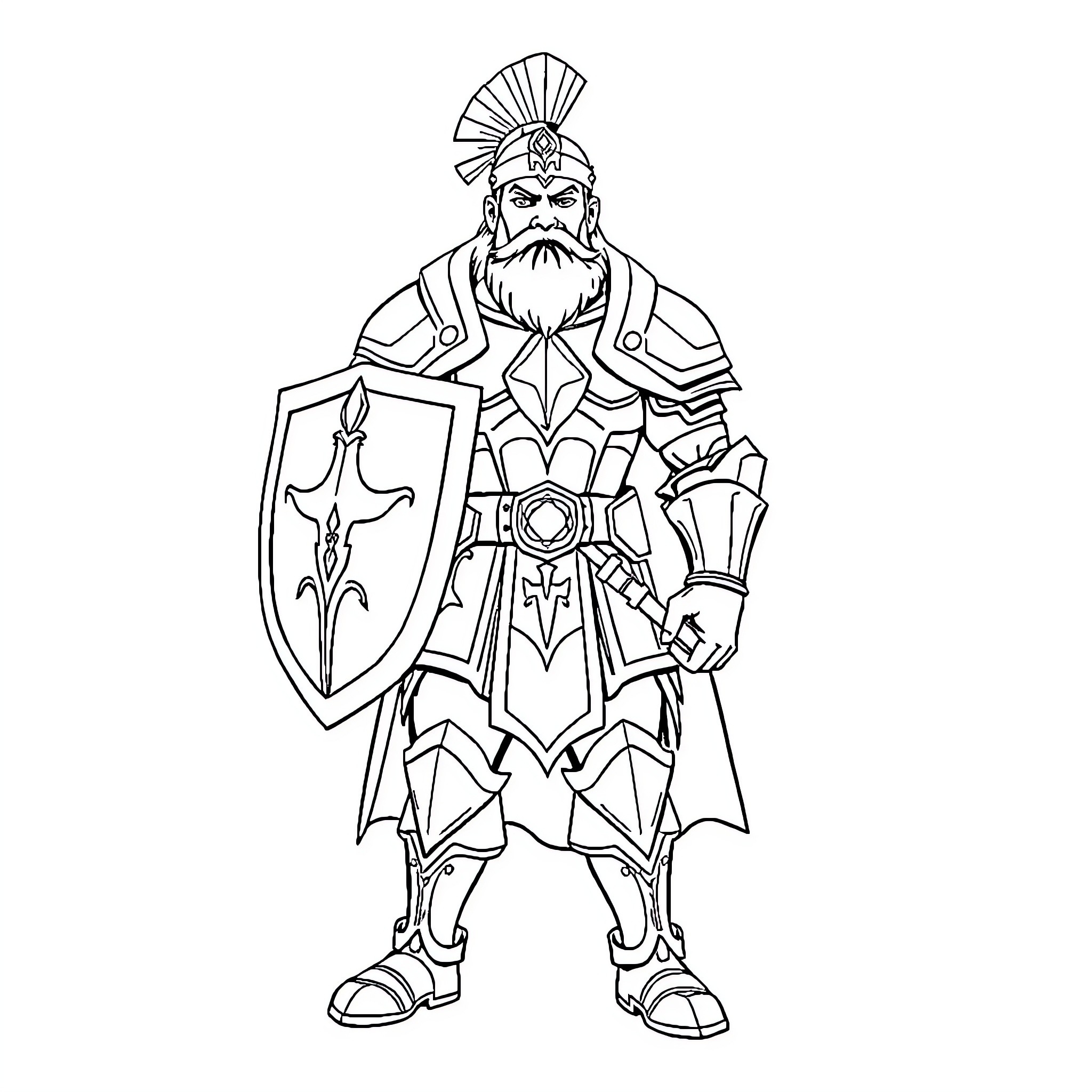 Chhava the Armored Fantasy Warrior Coloring Page (free black-and-white line drawing printable PDF for all, from beginners to advanced learners, including children, teens, adults, and seniors)