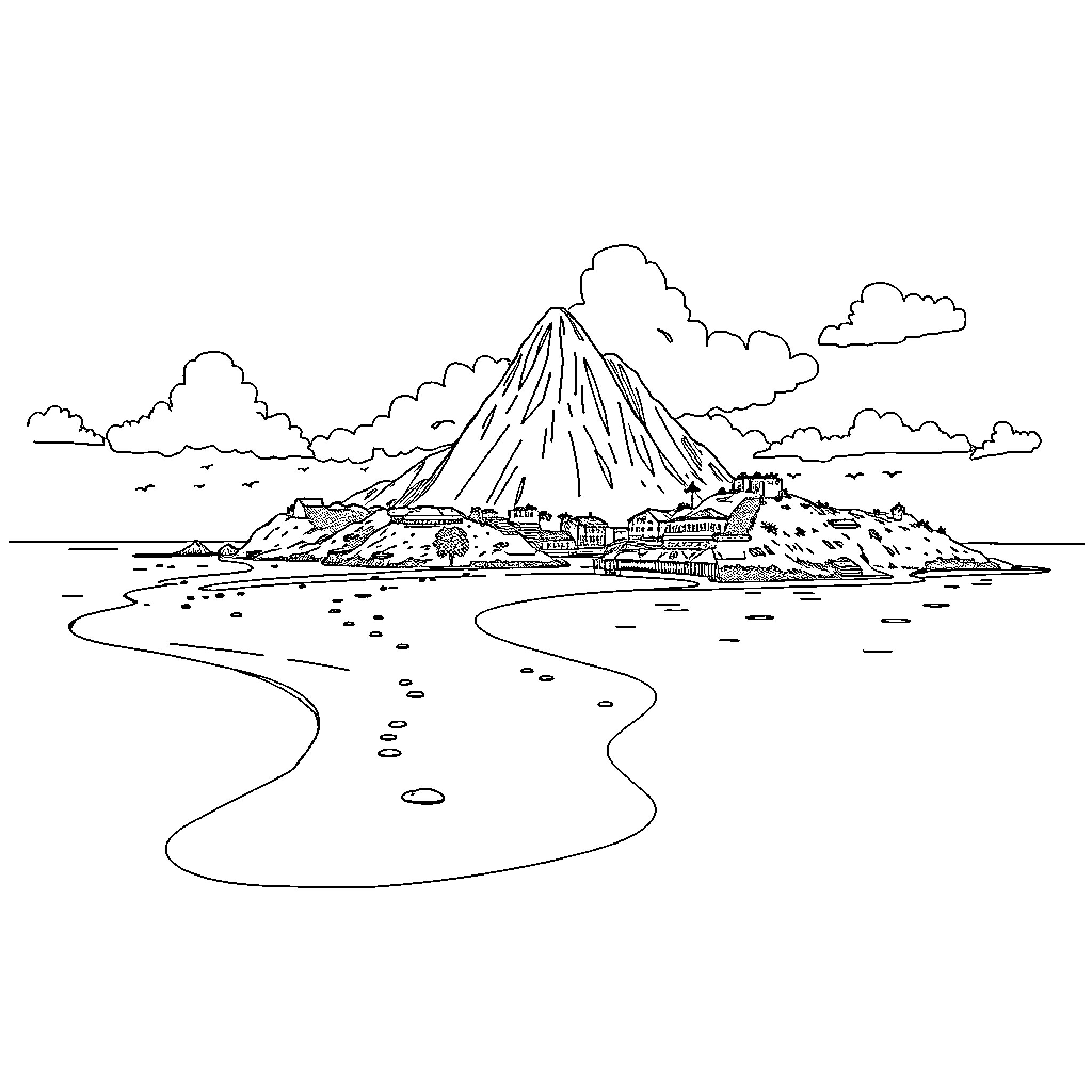 St. Martin's volcanic island landscape Coloring Page (free black-and-white line drawing printable PDF for all, from beginners to advanced learners, including children, teens, adults, and seniors)