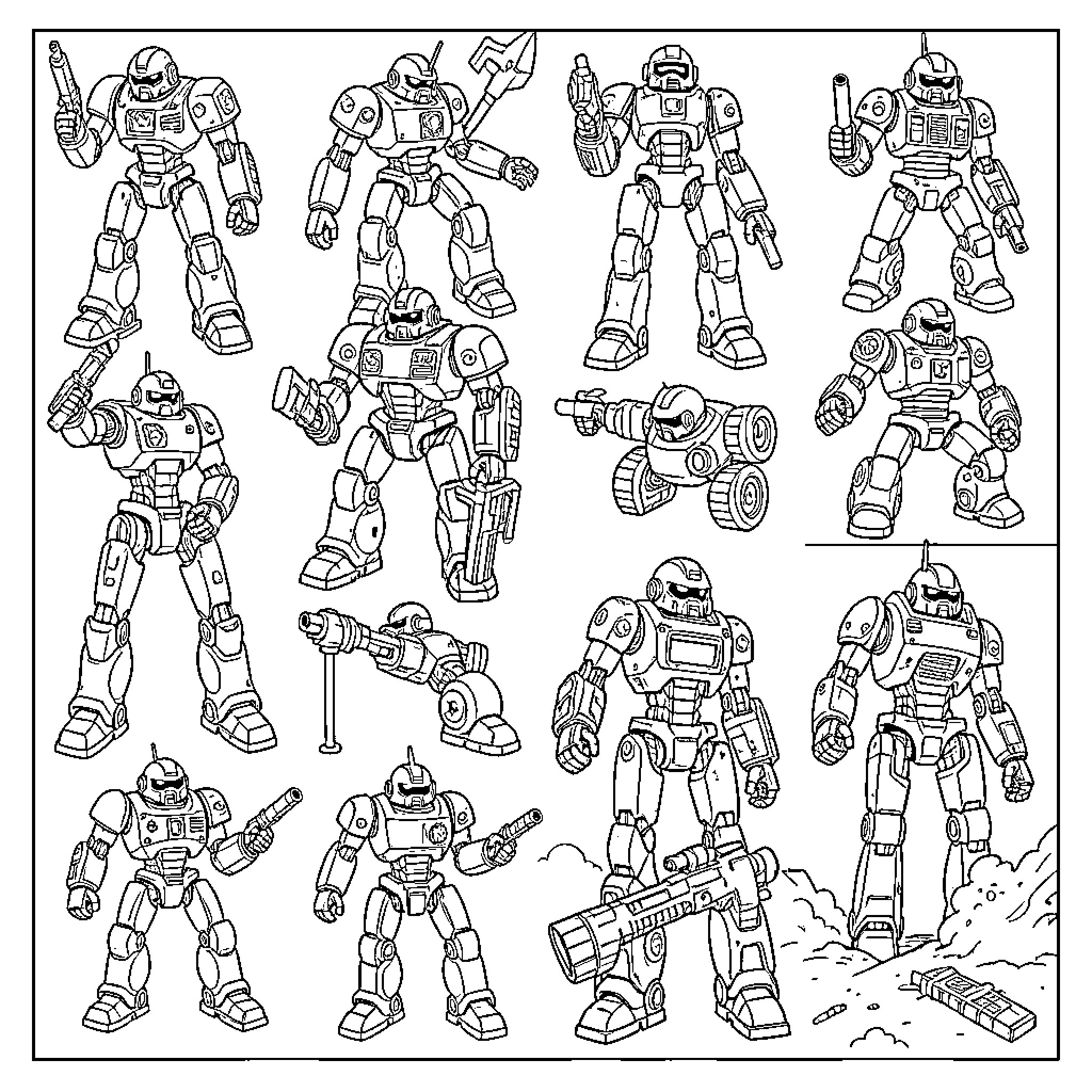 Robot Soldiers and Mechas in Action Poses Coloring Page (free black-and-white line drawing printable PDF for all, from beginners to advanced learners, including children, teens, adults, and seniors)
