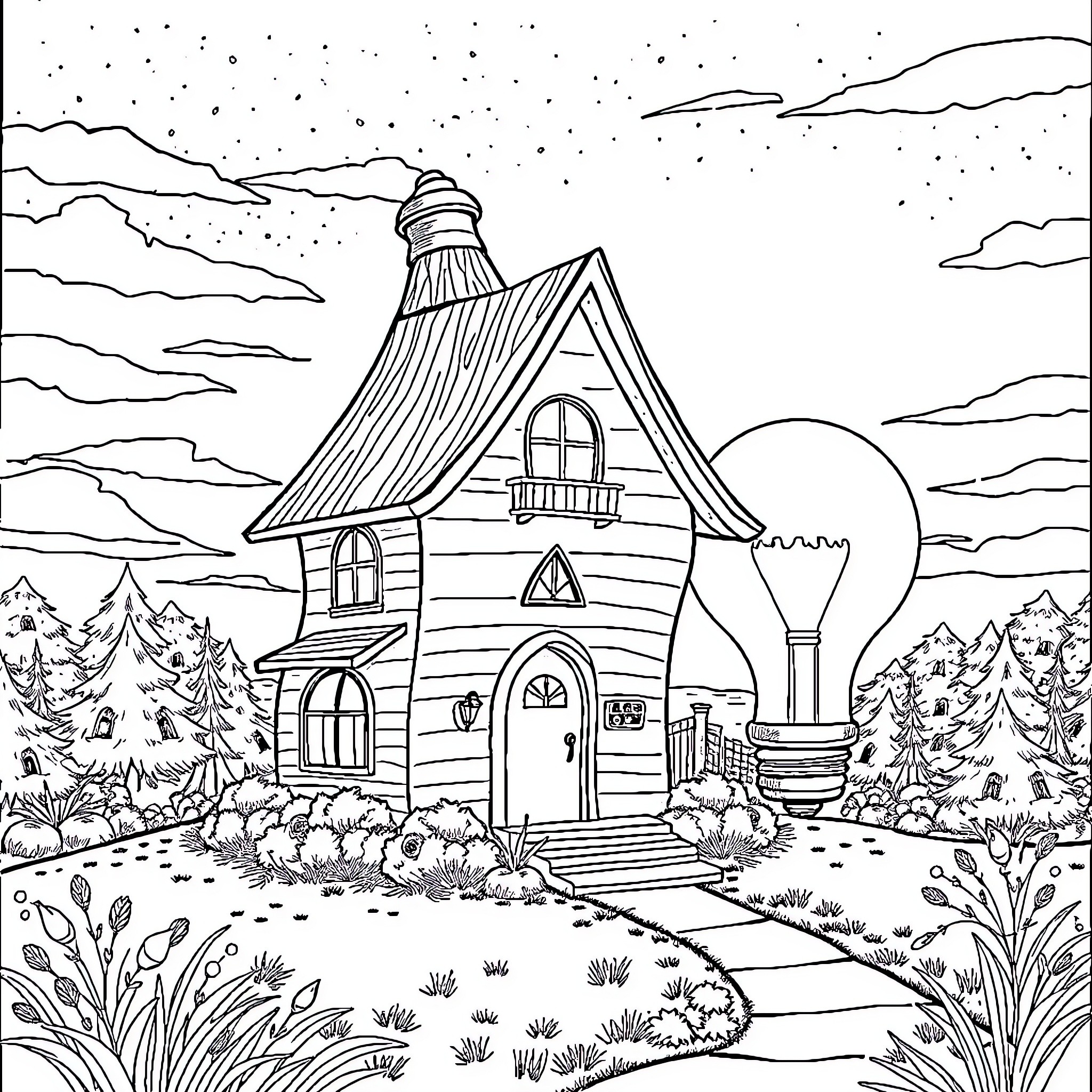 Lightbulb illuminates whimsical cottage in winter wonderland Coloring Page (free black-and-white line drawing printable PDF for all, from beginners to advanced learners, including children, teens, adults, and seniors)