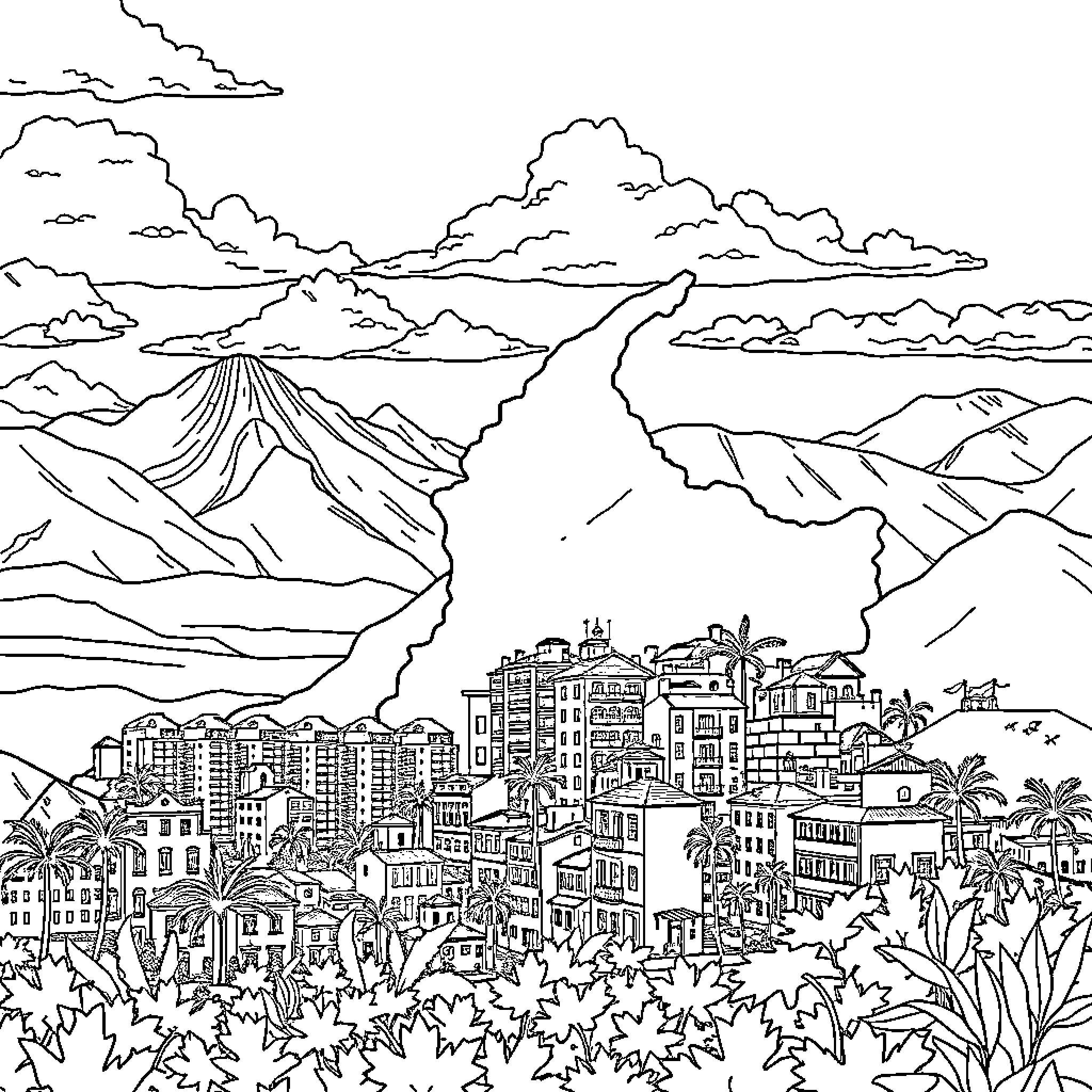 Colombia's Vibrant City Amidst Majestic Mountains Coloring Page (free black-and-white line drawing printable PDF for all, from beginners to advanced learners, including children, teens, adults, and seniors)