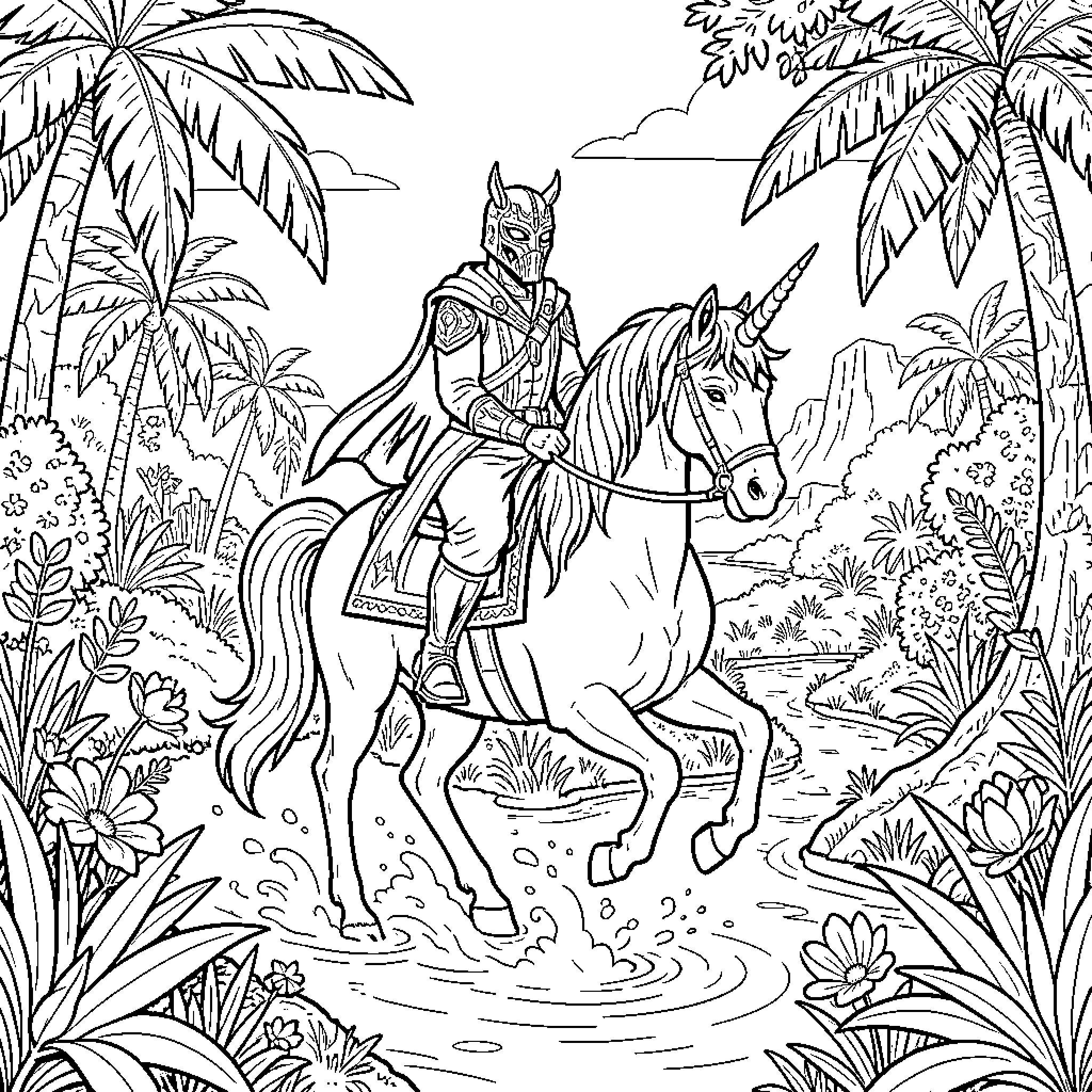 Darth Maul riding a unicorn through a tropical jungle Coloring Page (free black-and-white line drawing printable PDF for all, from beginners to advanced learners, including children, teens, adults, and seniors)