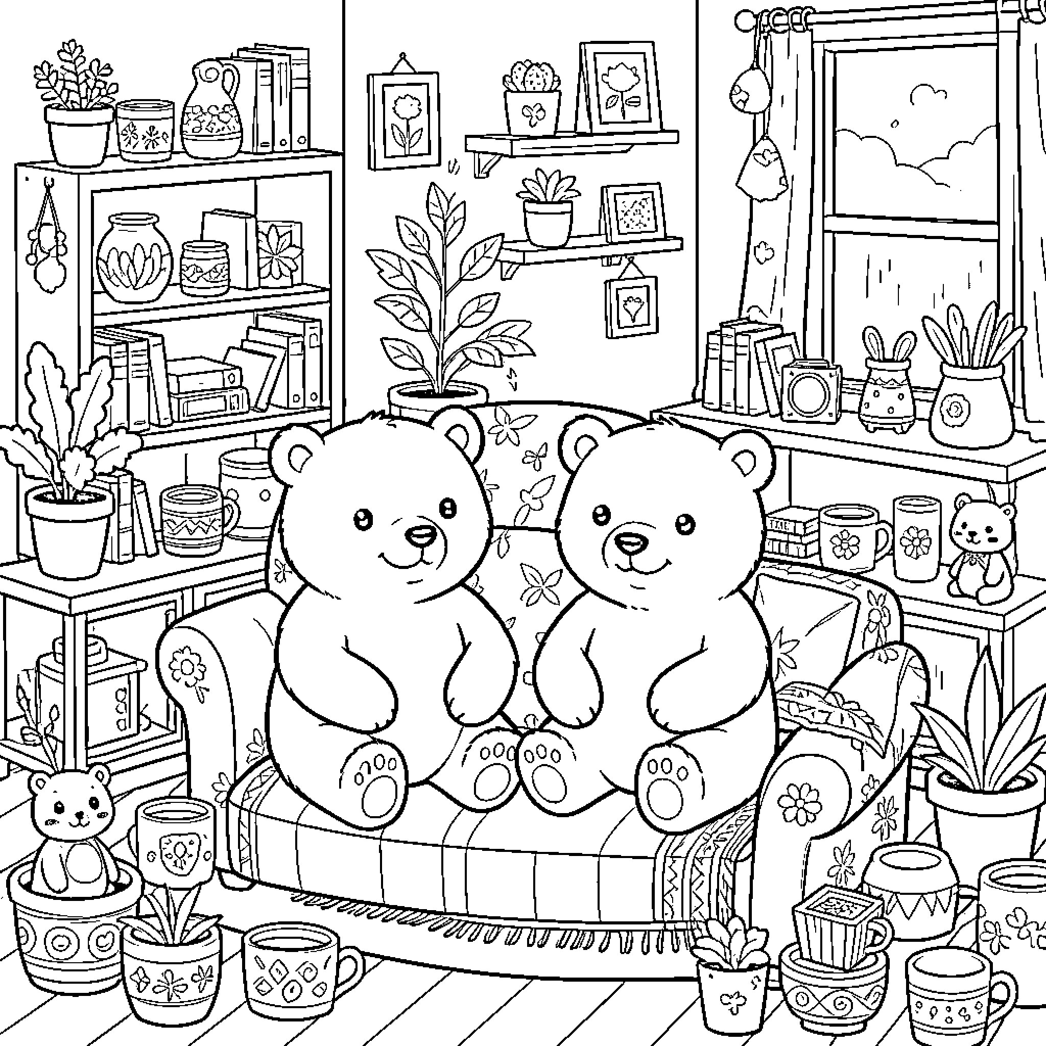Oso bears relaxing in a cozy home setting Coloring Page (free black-and-white line drawing printable PDF for all, from beginners to advanced learners, including children, teens, adults, and seniors)