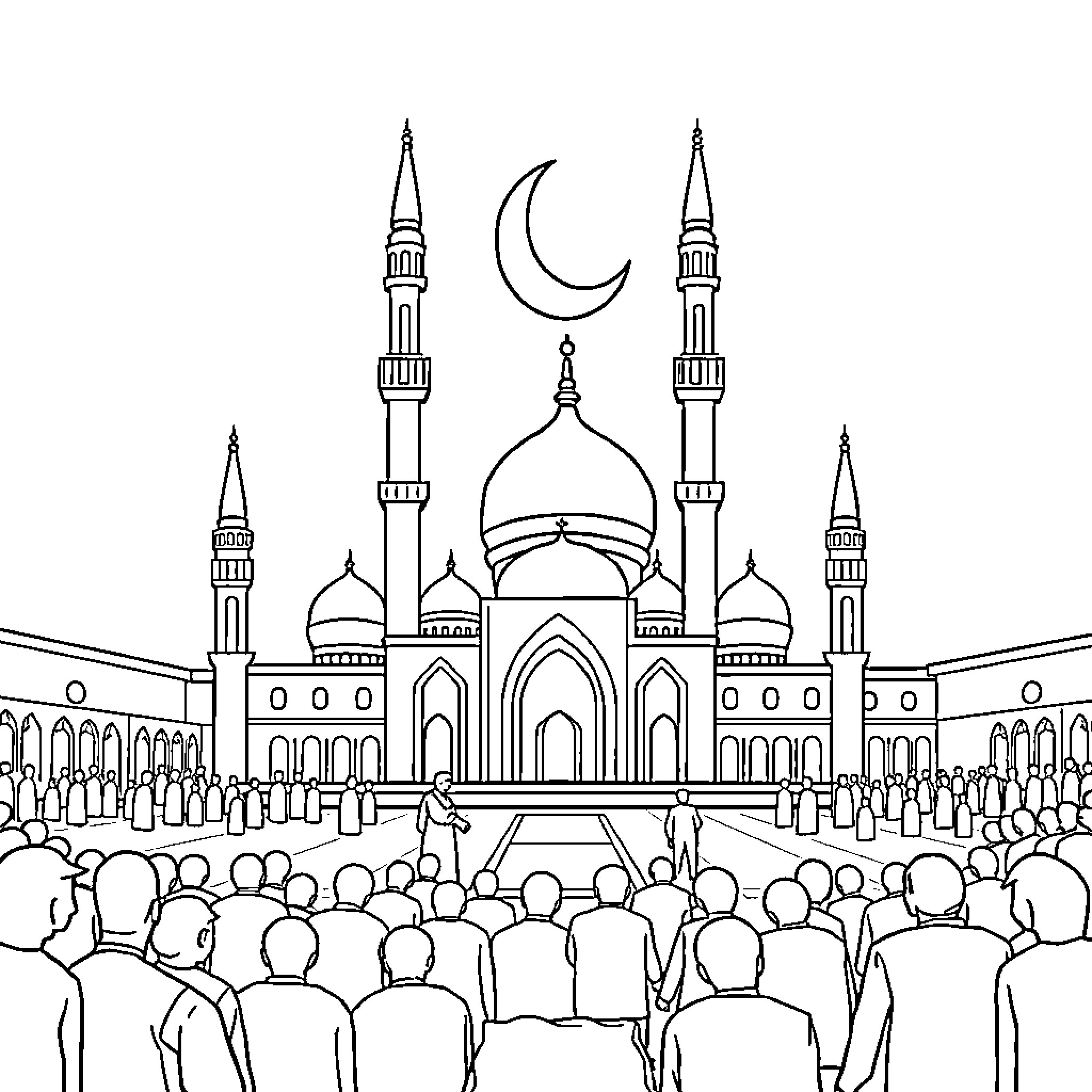 Islam - Worshippers Gather at Majestic Mosque Coloring Page (free black-and-white line drawing printable PDF for all, from beginners to advanced learners, including children, teens, adults, and seniors)