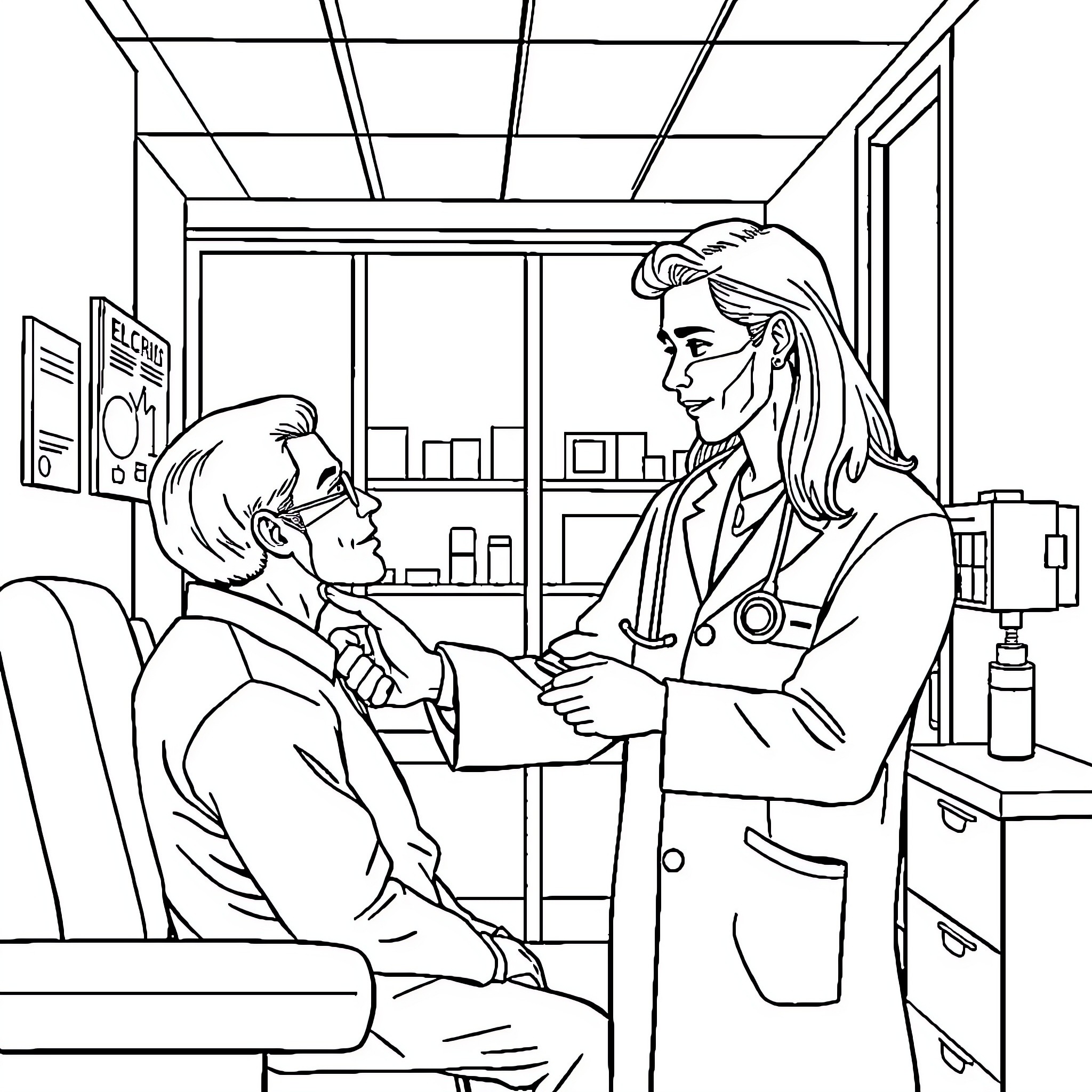 Doctor examining patient in medical office Coloring Page (free black-and-white line drawing printable PDF for all, from beginners to advanced learners, including children, teens, adults, and seniors)