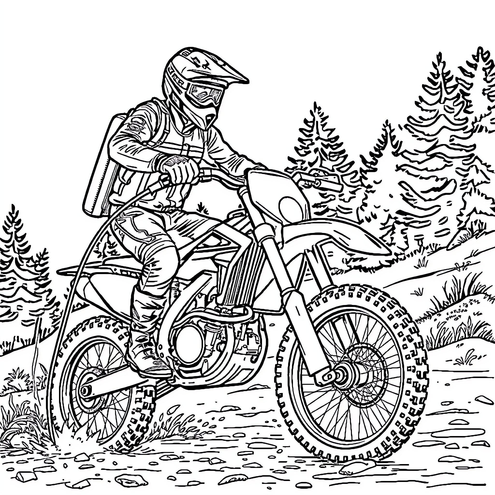 Motocross Rider Navigating Rugged Terrain Coloring Page (free black-and-white line drawing printable PDF for all, from beginners to advanced learners, including children, teens, adults, and seniors)