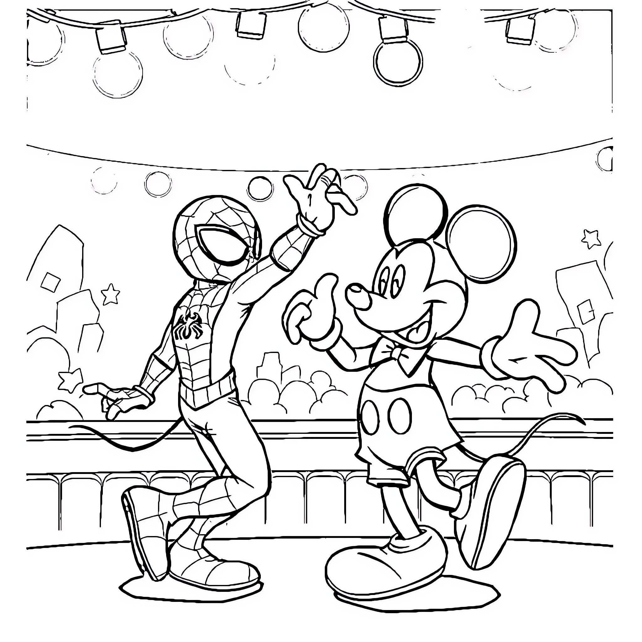 Spiderman and Mickey Mouse in Celebration Coloring Page (free black-and-white line drawing printable PDF for all, from beginners to advanced learners, including children, teens, adults, and seniors)