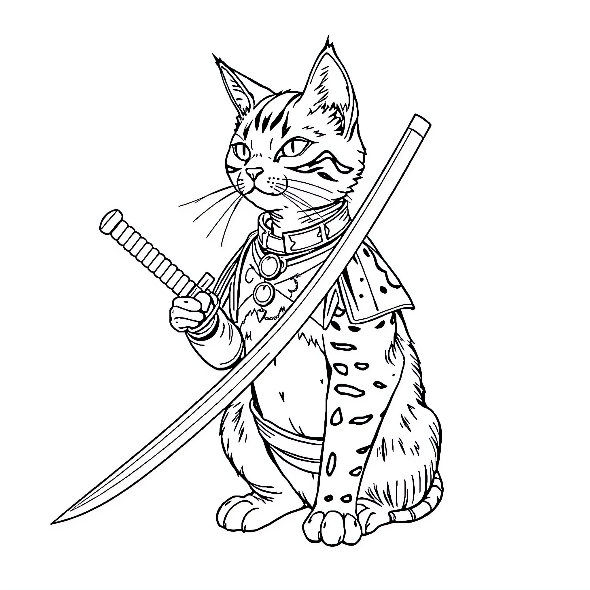 Samurai Cat wielding a sword with determination Coloring Page (free black-and-white line drawing printable PDF for all, from beginners to advanced learners, including children, teens, adults, and seniors)