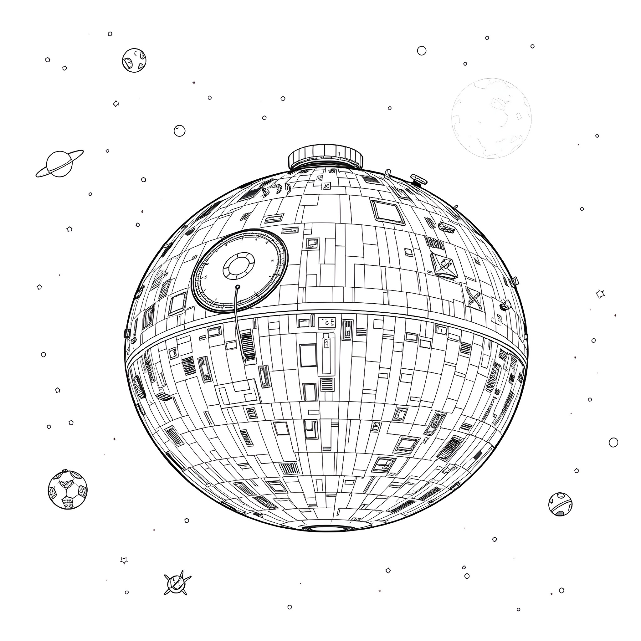 Death Star in the Intergalactic Void Coloring Page (free black-and-white line drawing printable PDF for all, from beginners to advanced learners, including children, teens, adults, and seniors)
