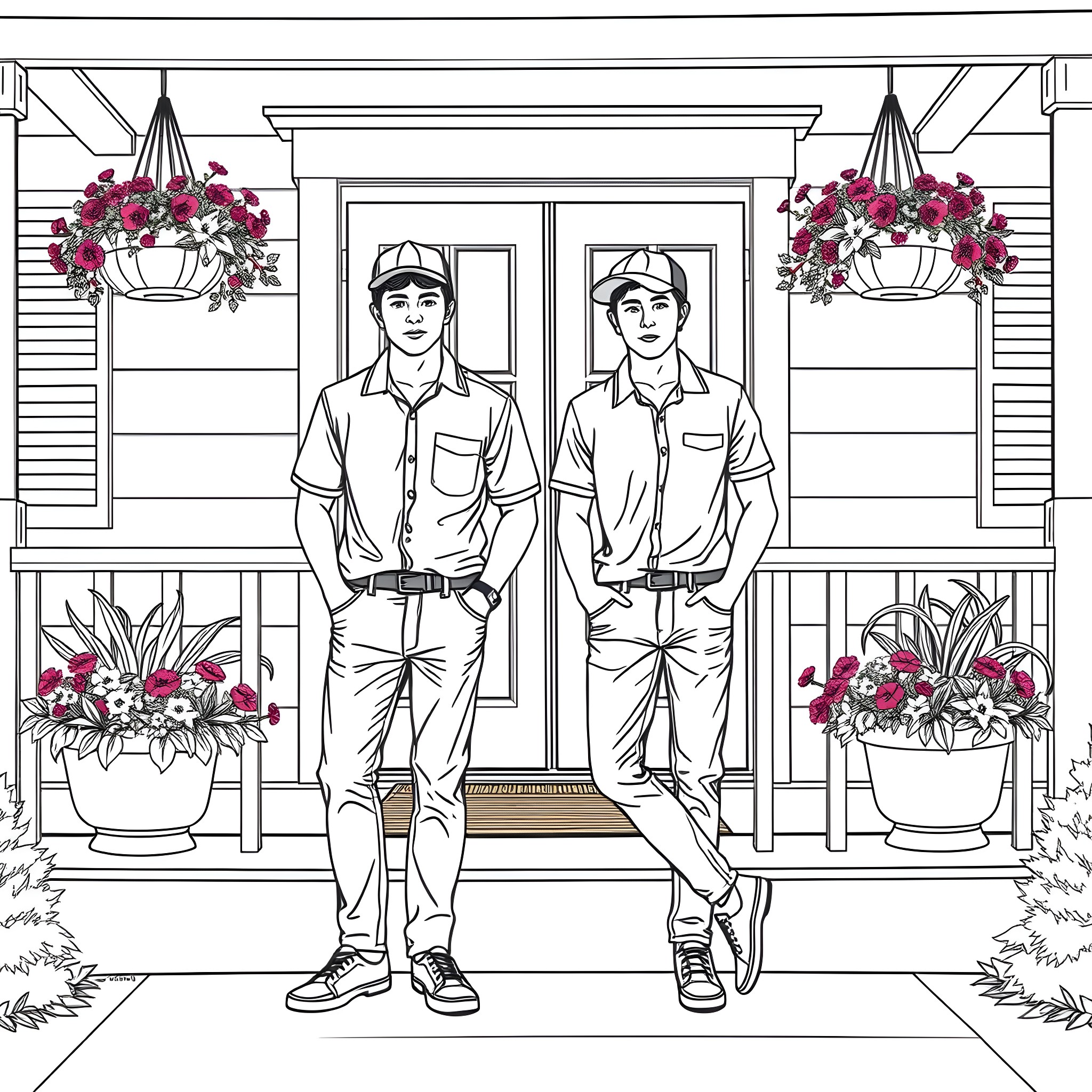 Teen Guys Standing on Porch with Floral Decor Coloring Page (free black-and-white line drawing printable PDF for all, from beginners to advanced learners, including children, teens, adults, and seniors)
