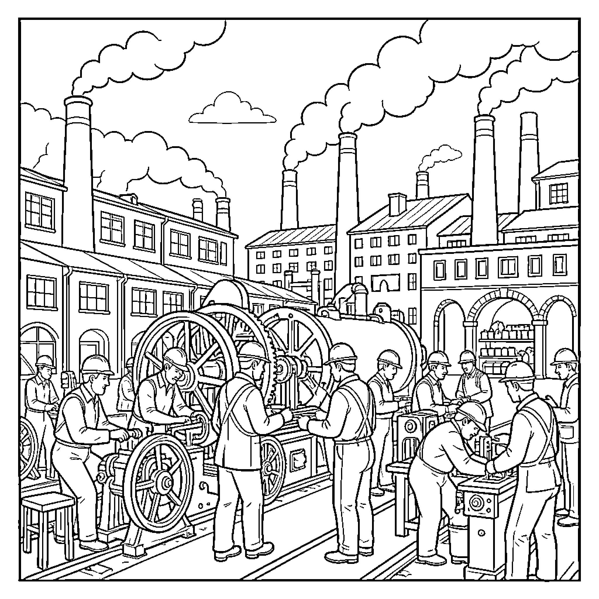 Industrial Revolution workers operating heavy machinery in a factory Coloring Page (free black-and-white line drawing printable PDF for all, from beginners to advanced learners, including children, teens, adults, and seniors)