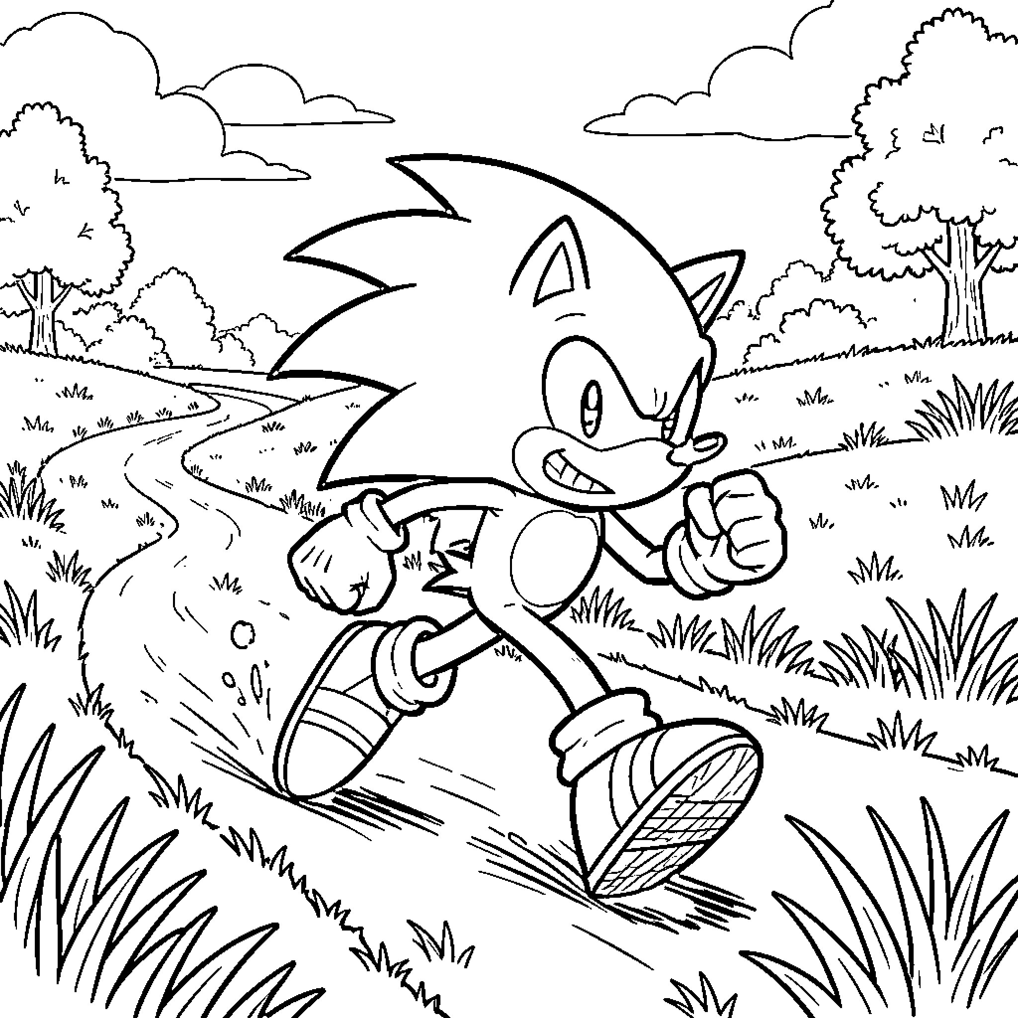 Sonic running fast along a winding path Coloring Page (free black-and-white line drawing printable PDF for all, from beginners to advanced learners, including children, teens, adults, and seniors)
