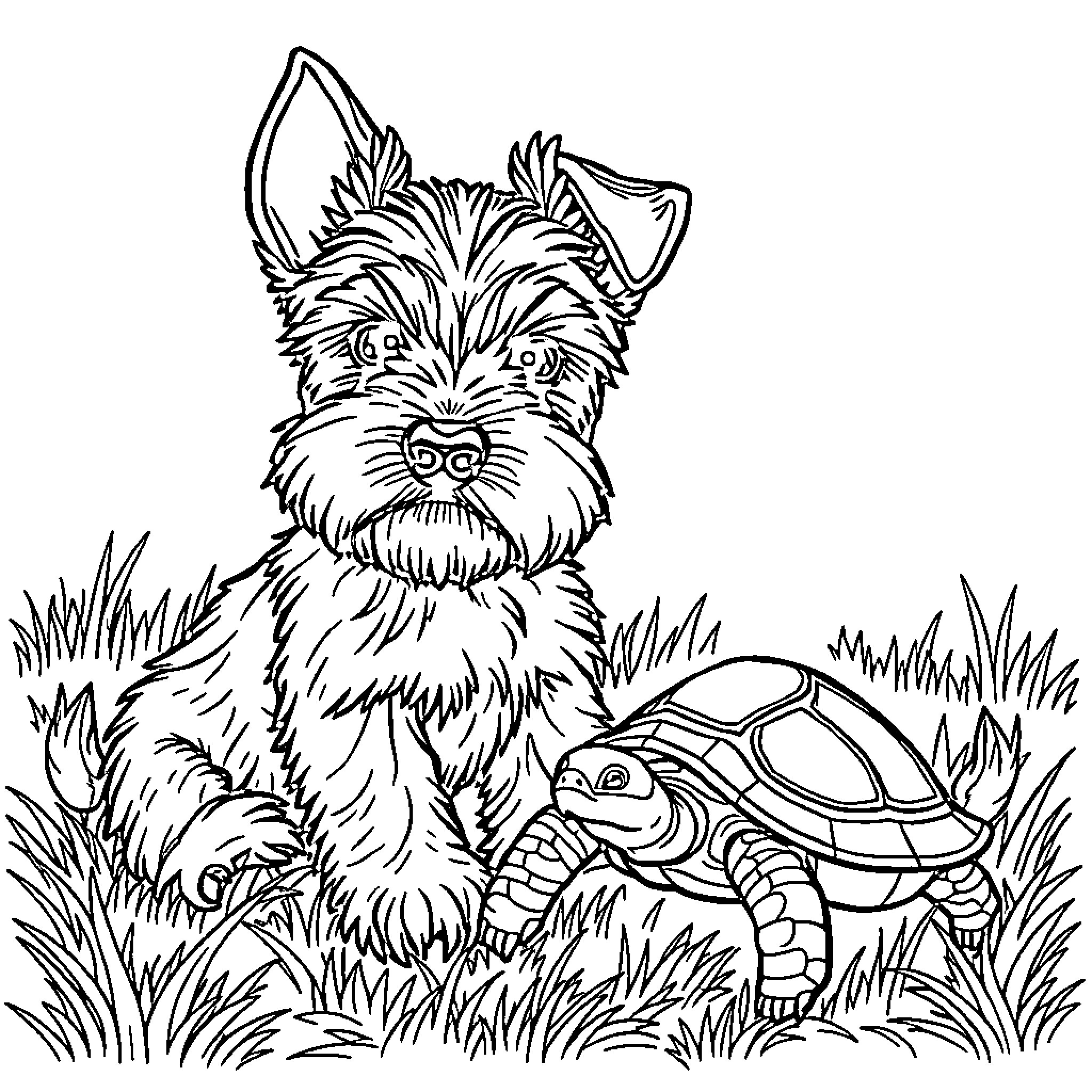Schnauzer exploring the outdoors with a turtle Coloring Page (free black-and-white line drawing printable PDF for all, from beginners to advanced learners, including children, teens, adults, and seniors)