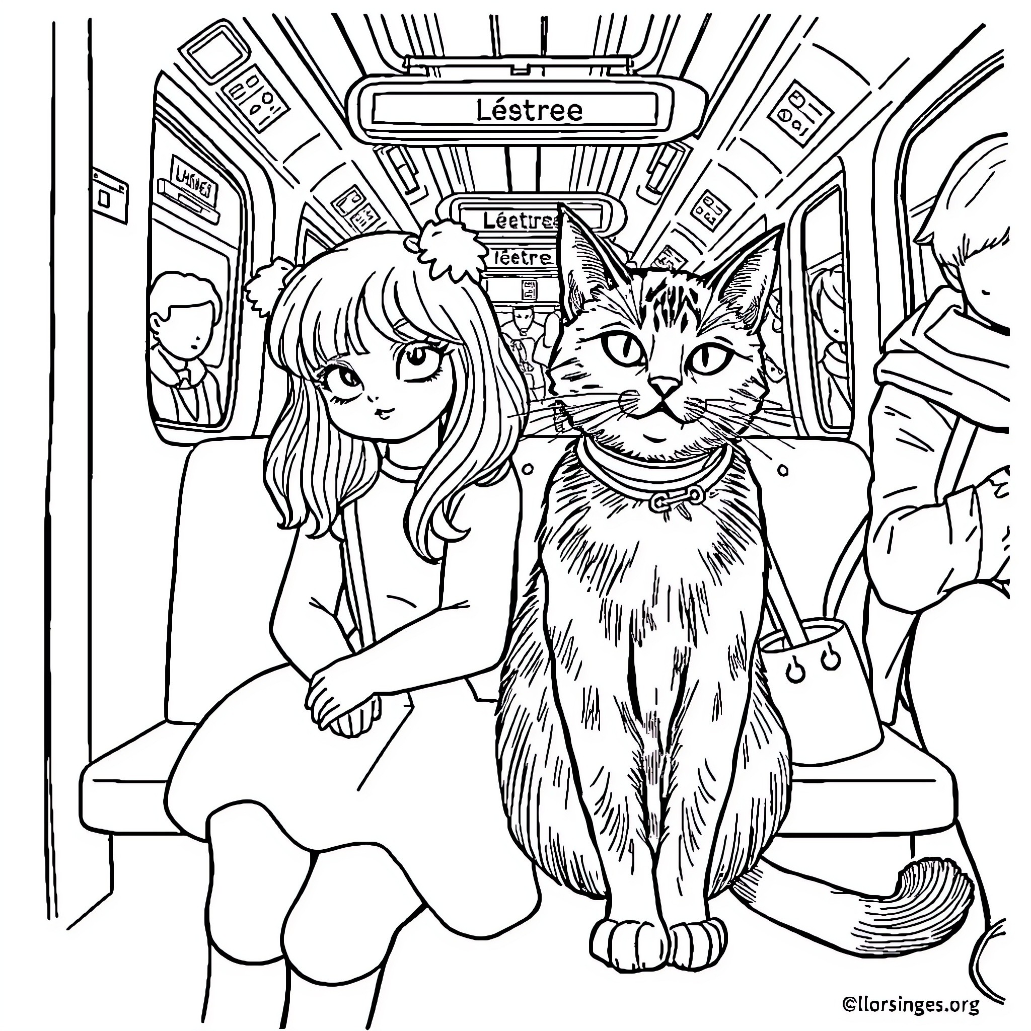 Ladybug and cat riding the bus Coloring Page (free black-and-white line drawing printable PDF for all, from beginners to advanced learners, including children, teens, adults, and seniors)