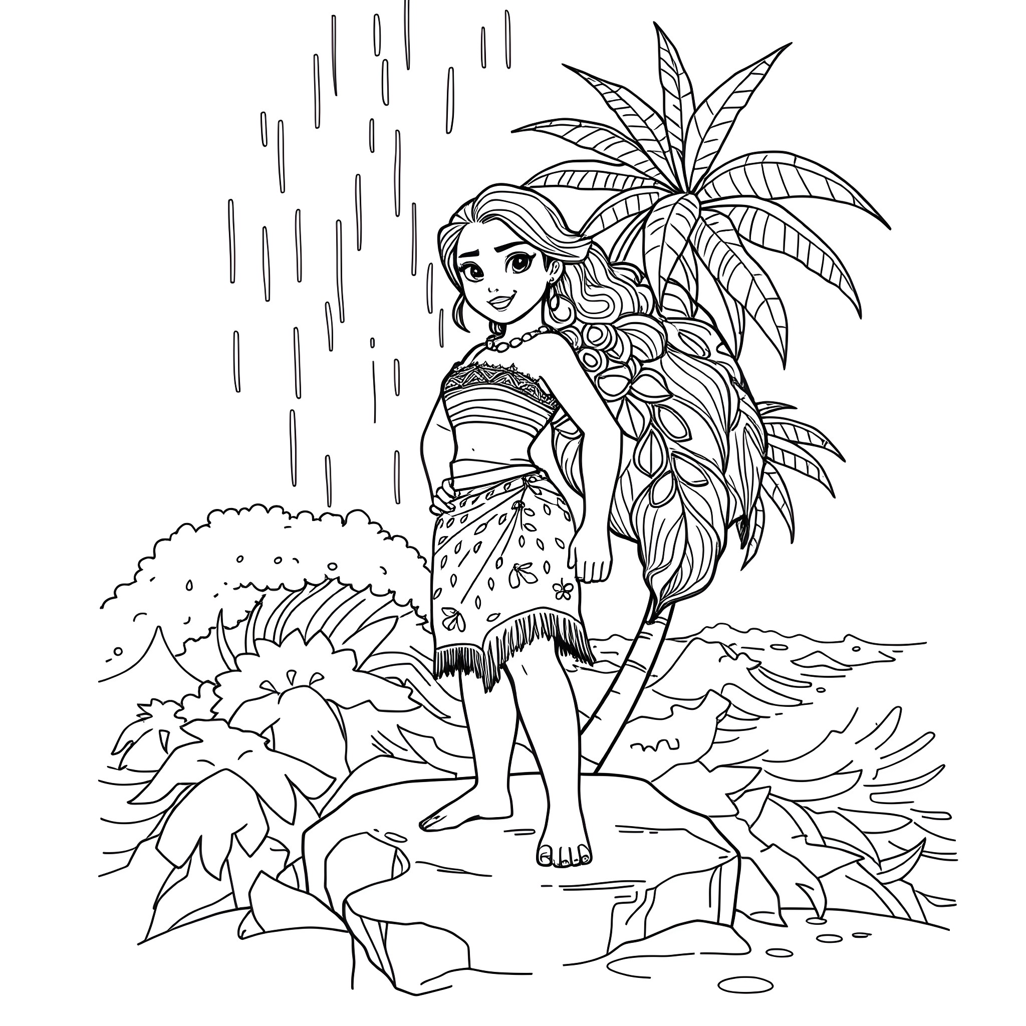 Moana standing in the rain with tropical plants Coloring Page (free black-and-white line drawing printable PDF for all, from beginners to advanced learners, including children, teens, adults, and seniors)