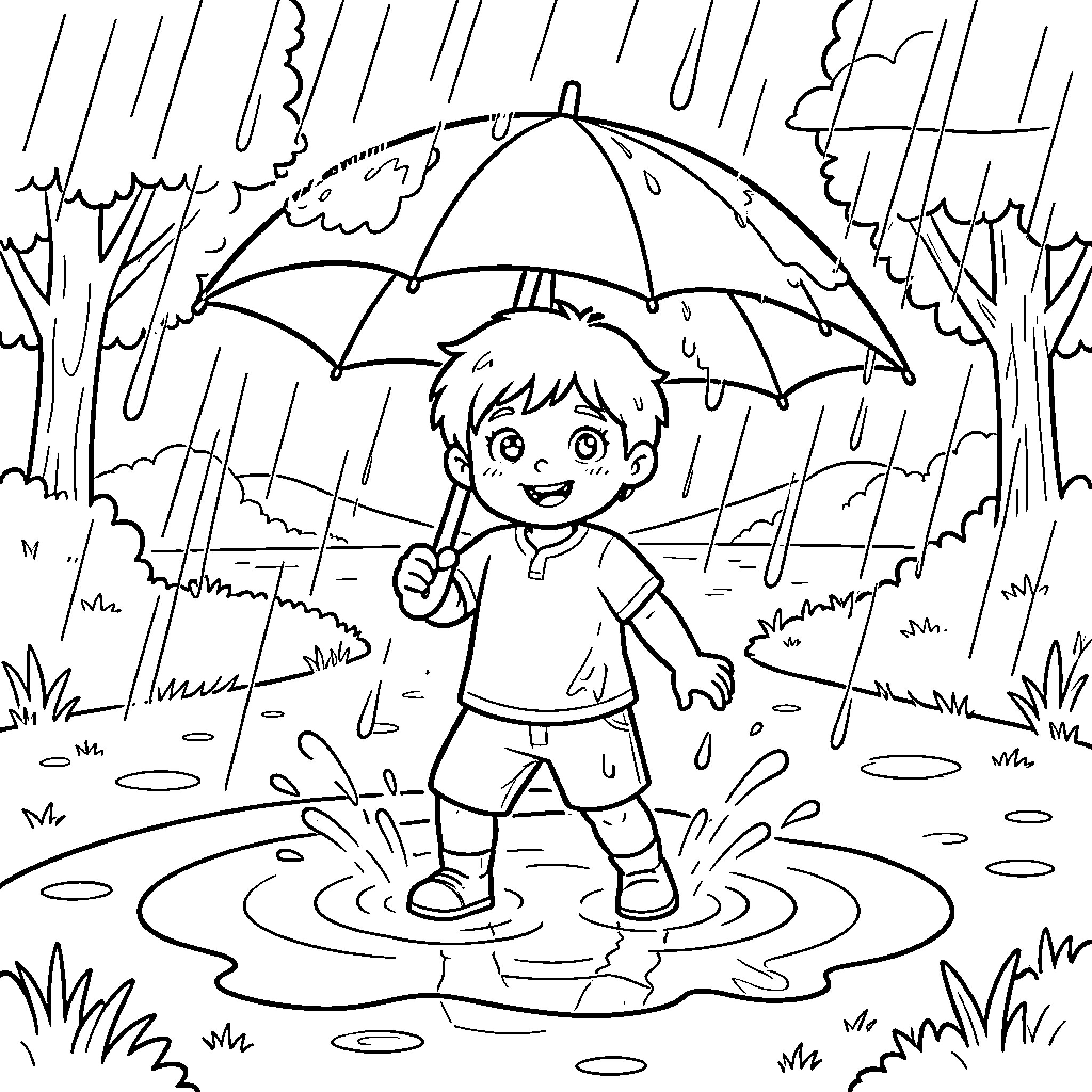 Niño playing joyfully in the rain under an umbrella Coloring Page (free black-and-white line drawing printable PDF for all, from beginners to advanced learners, including children, teens, adults, and seniors)