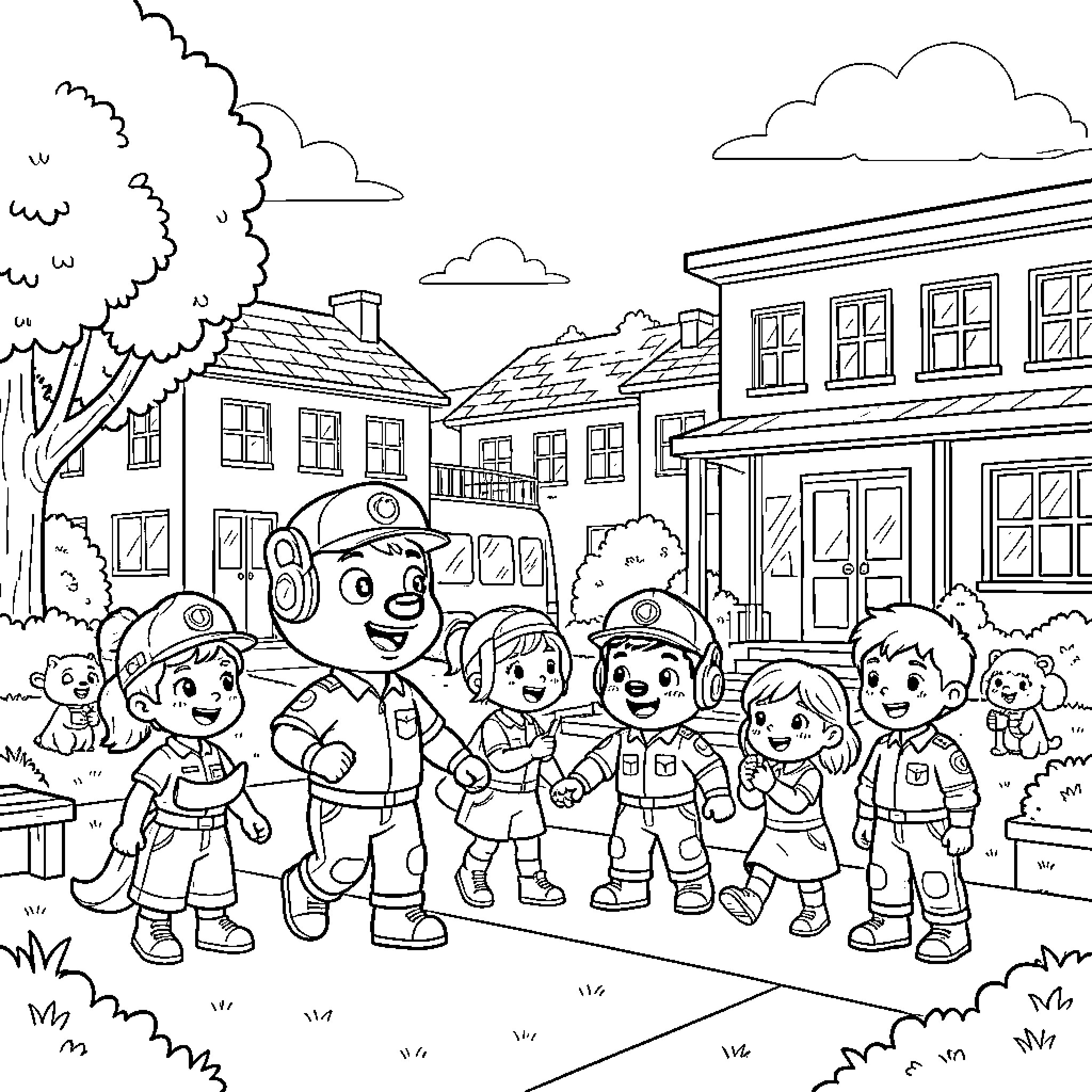 Pat Patrouille characters walking together through a neighborhood Coloring Page (free black-and-white line drawing printable PDF for all, from beginners to advanced learners, including children, teens, adults, and seniors)
