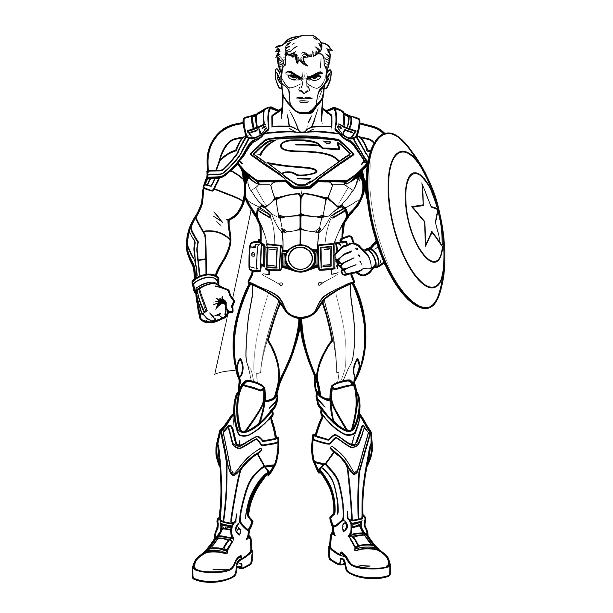 Super-Soldier in Heroic Stance with Gear Coloring Page (free black-and-white line drawing printable PDF for all, from beginners to advanced learners, including children, teens, adults, and seniors)