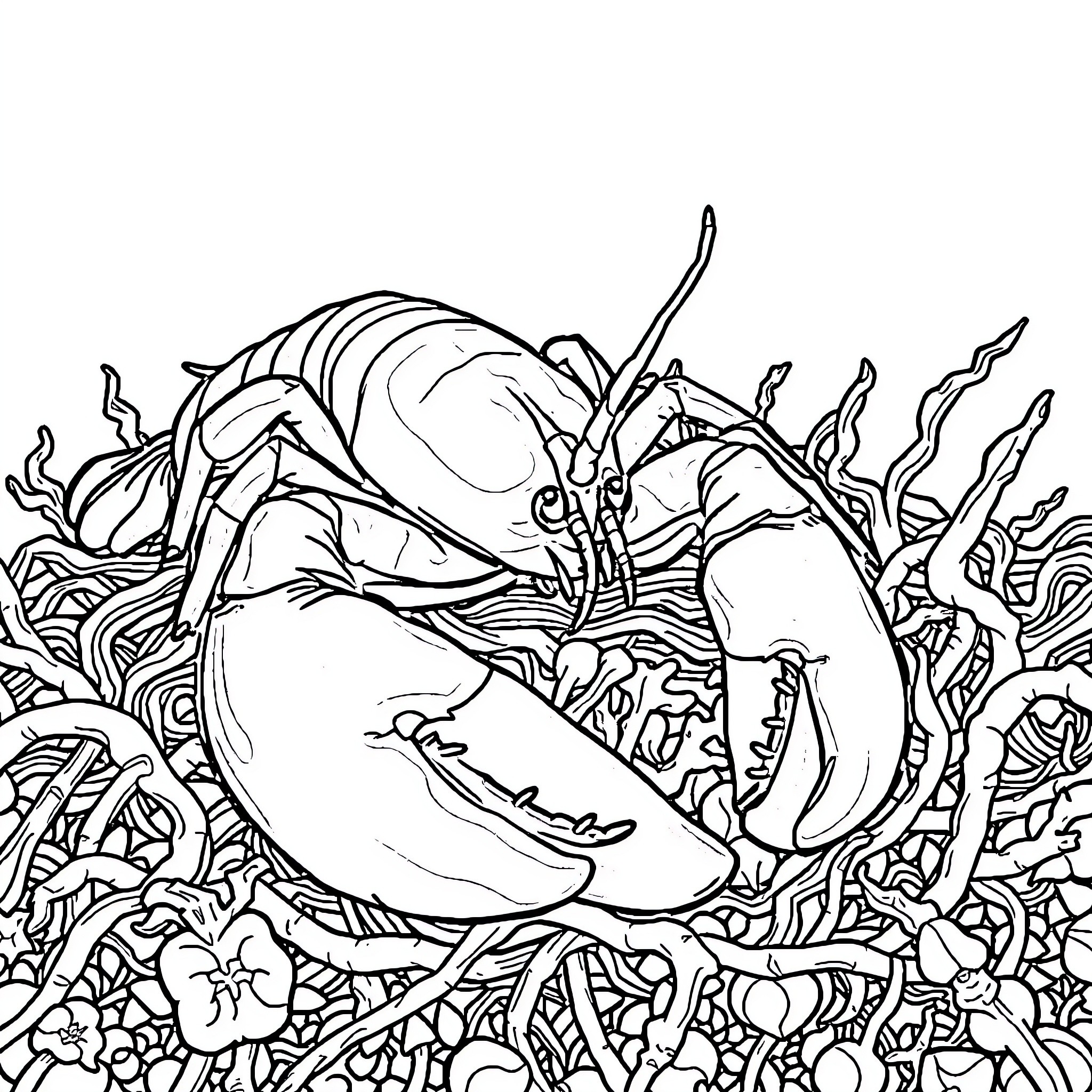 Lobster crawling amidst intricate underwater flora Coloring Page (free black-and-white line drawing printable PDF for all, from beginners to advanced learners, including children, teens, adults, and seniors)
