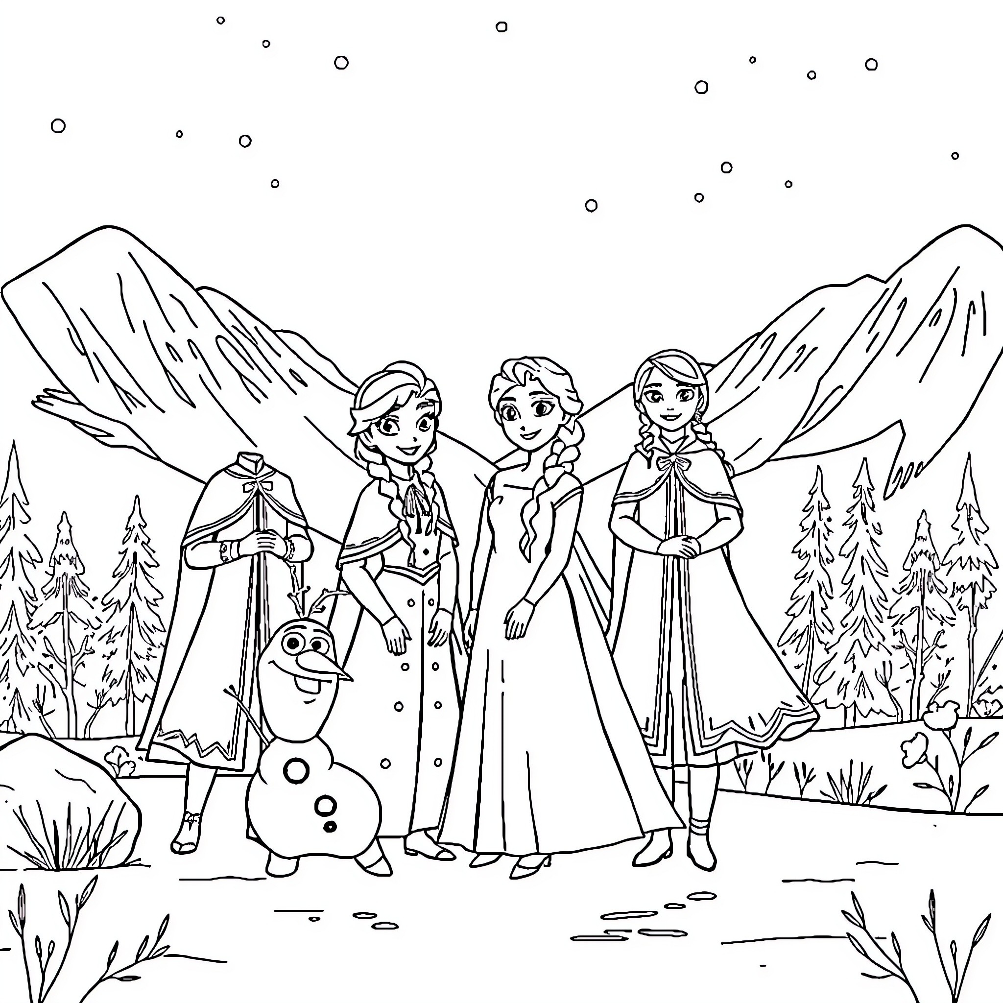 Frozen Characters in a Wintry Landscape Coloring Page (free black-and-white line drawing printable PDF for all, from beginners to advanced learners, including children, teens, adults, and seniors)
