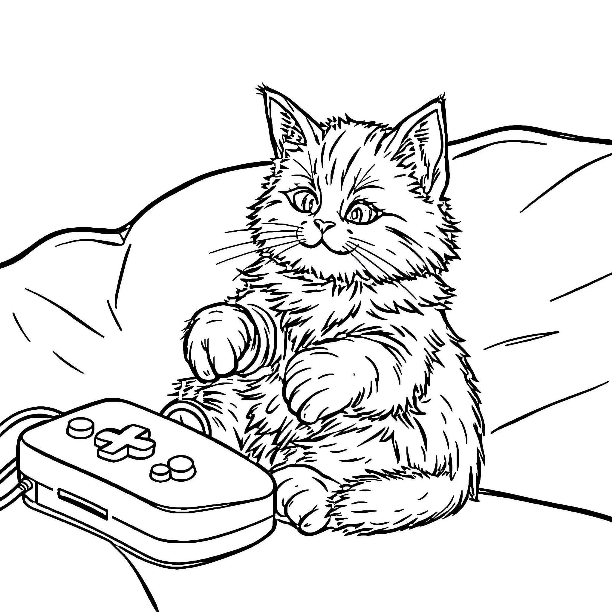 Cat playing video games with controller Coloring Page (free black-and-white line drawing printable PDF for all, from beginners to advanced learners, including children, teens, adults, and seniors)